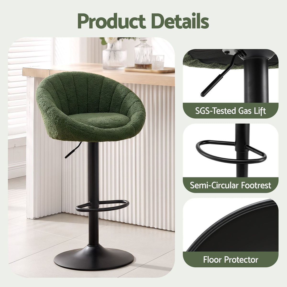 Set of 2 Adjustable Gas Lift Swivel Bar Stools Round Shell Back - Green Boucle