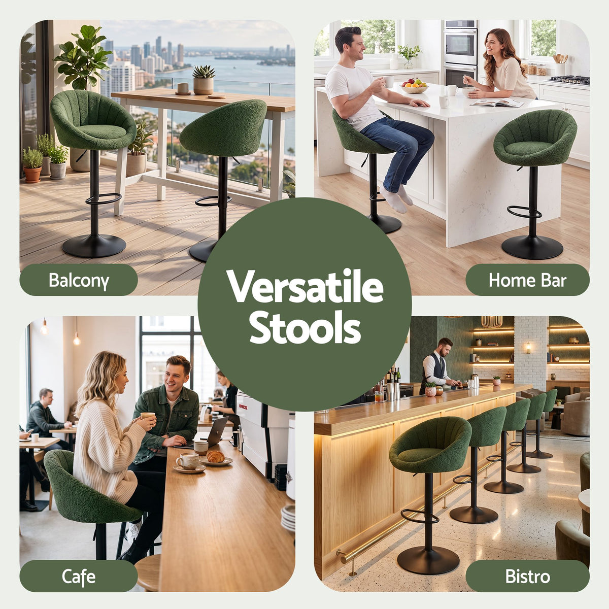 Set of 2 Adjustable Gas Lift Swivel Bar Stools Round Shell Back - Green Boucle