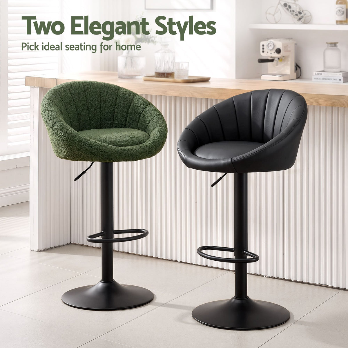 Set of 2 Adjustable Gas Lift Swivel Bar Stools Round Shell Back - Green Boucle