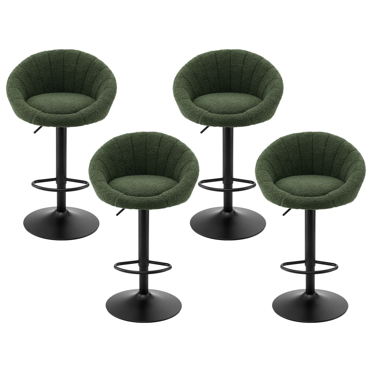 Set of 4 Adjustable Gas Lift Swivel Bar Stools Round Shell Back - Green Boucle