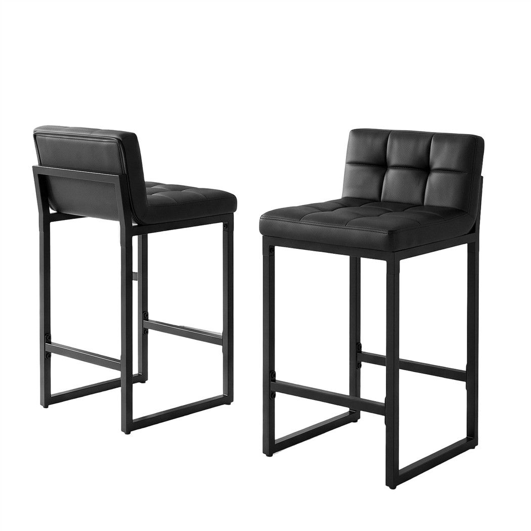 Set of 2 PU Leather Counter Bar Stools 65cm Seat Height with Low Back - Black