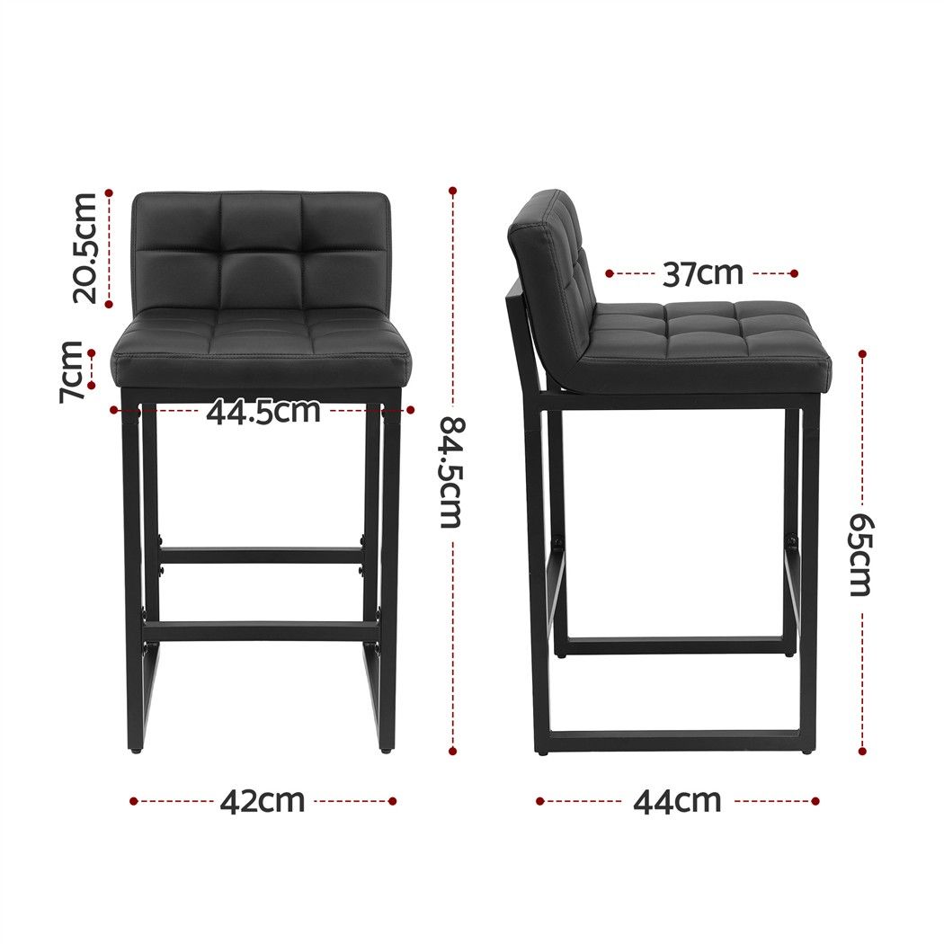 Set of 2 PU Leather Counter Bar Stools 65cm Seat Height with Low Back - Black