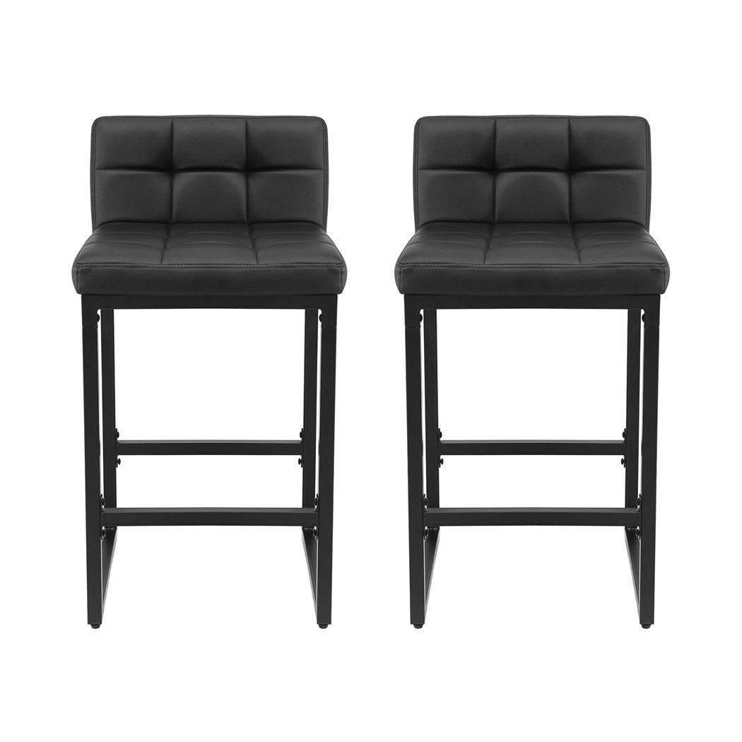 Set of 2 PU Leather Counter Bar Stools 65cm Seat Height with Low Back - Black