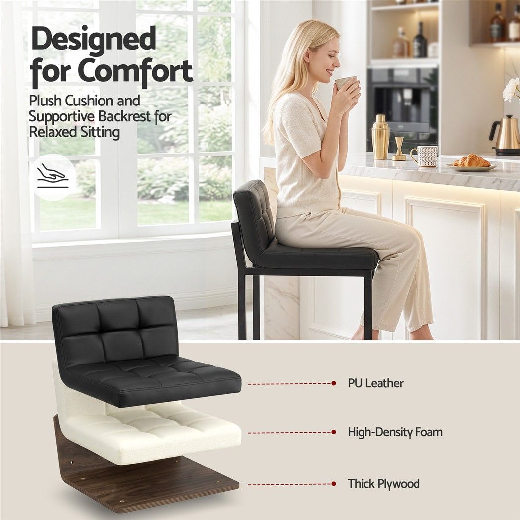 Set of 2 PU Leather Counter Bar Stools 65cm Seat Height with Low Back - Black