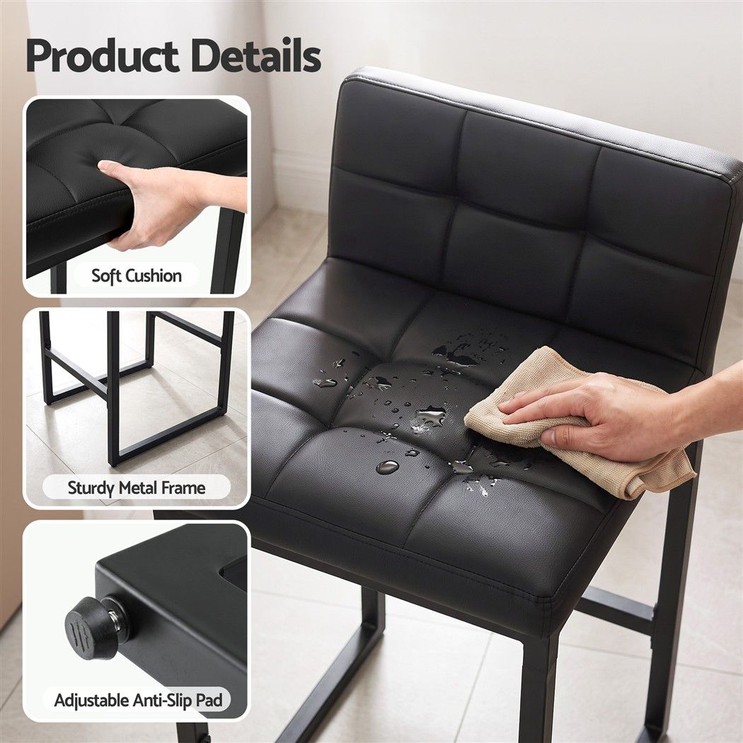 Set of 2 PU Leather Counter Bar Stools 65cm Seat Height with Low Back - Black