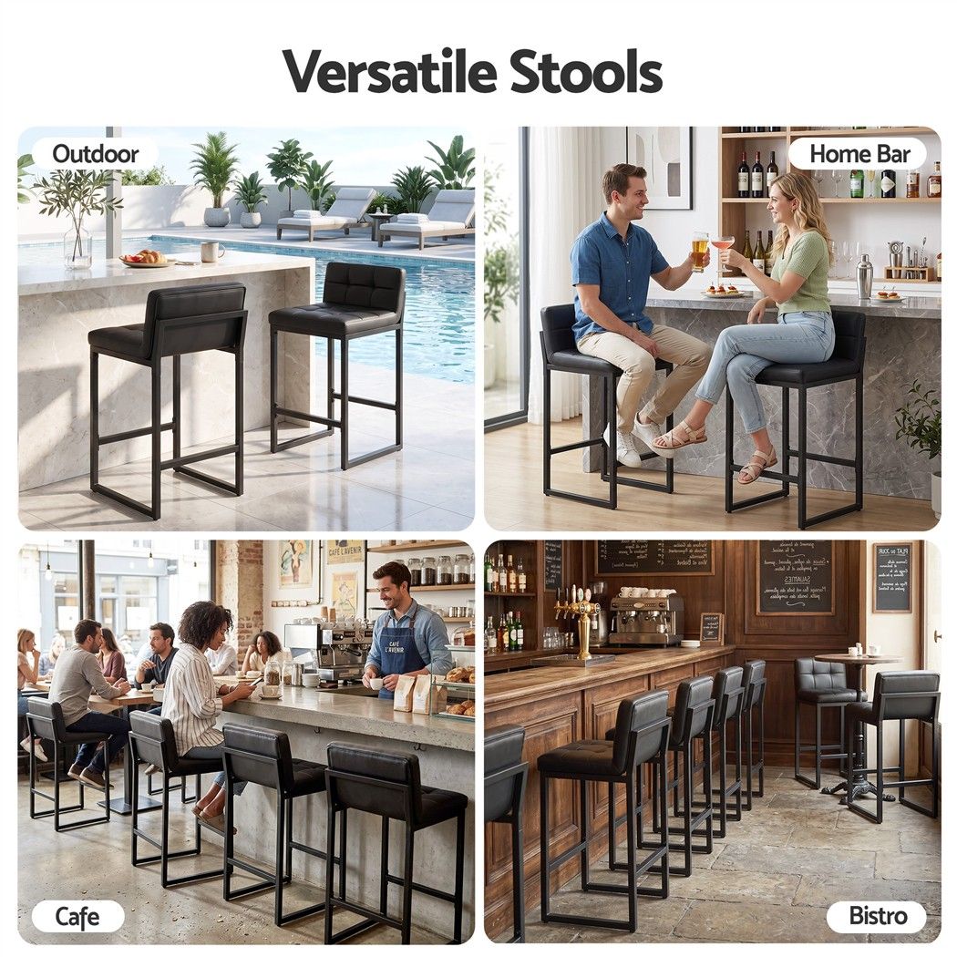 Set of 2 PU Leather Counter Bar Stools 65cm Seat Height with Low Back - Black