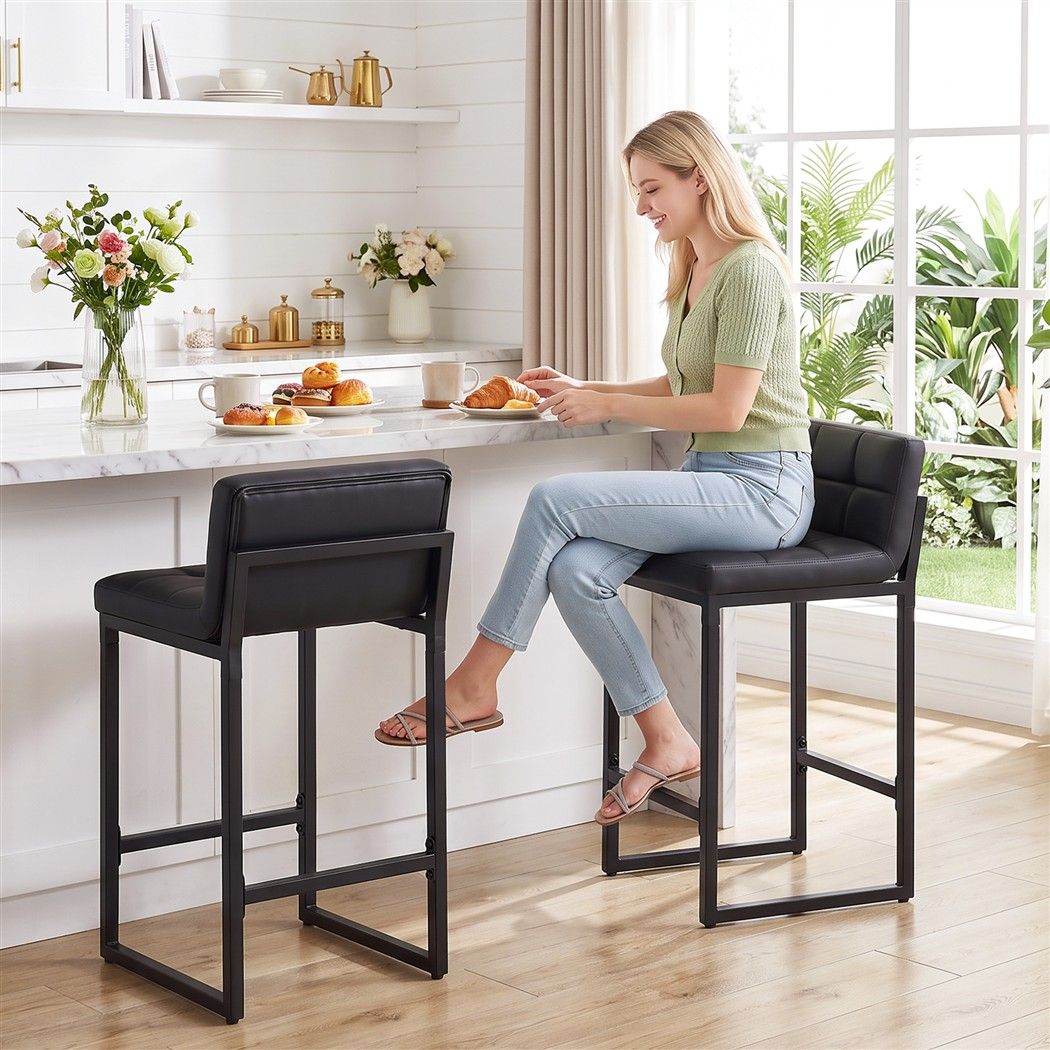 Set of 2 PU Leather Counter Bar Stools 65cm Seat Height with Low Back - Black