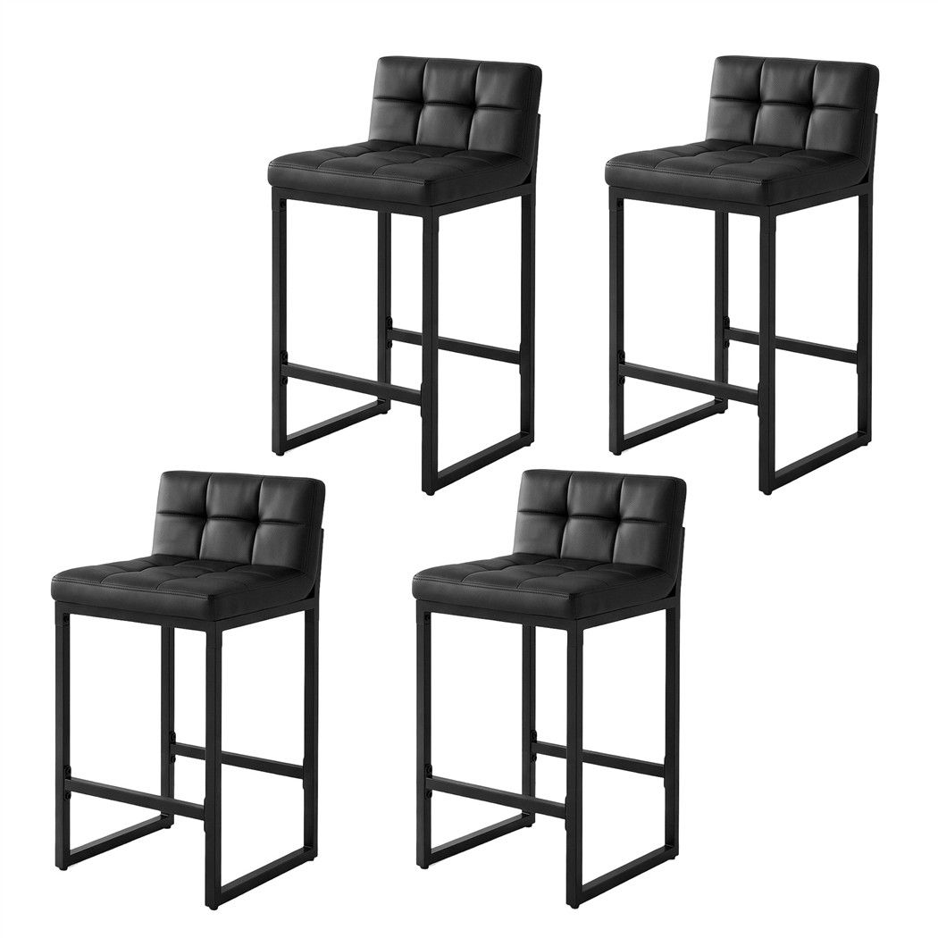 Set of 4 PU Leather Counter Bar Stools 65cm Seat Height with Low Back - Black
