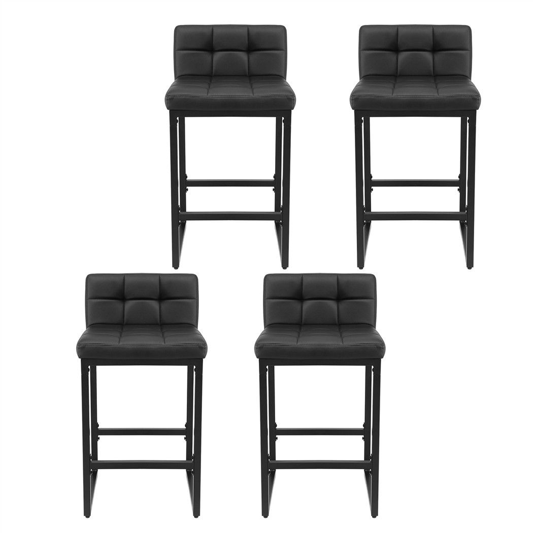 Set of 4 PU Leather Counter Bar Stools 65cm Seat Height with Low Back - Black