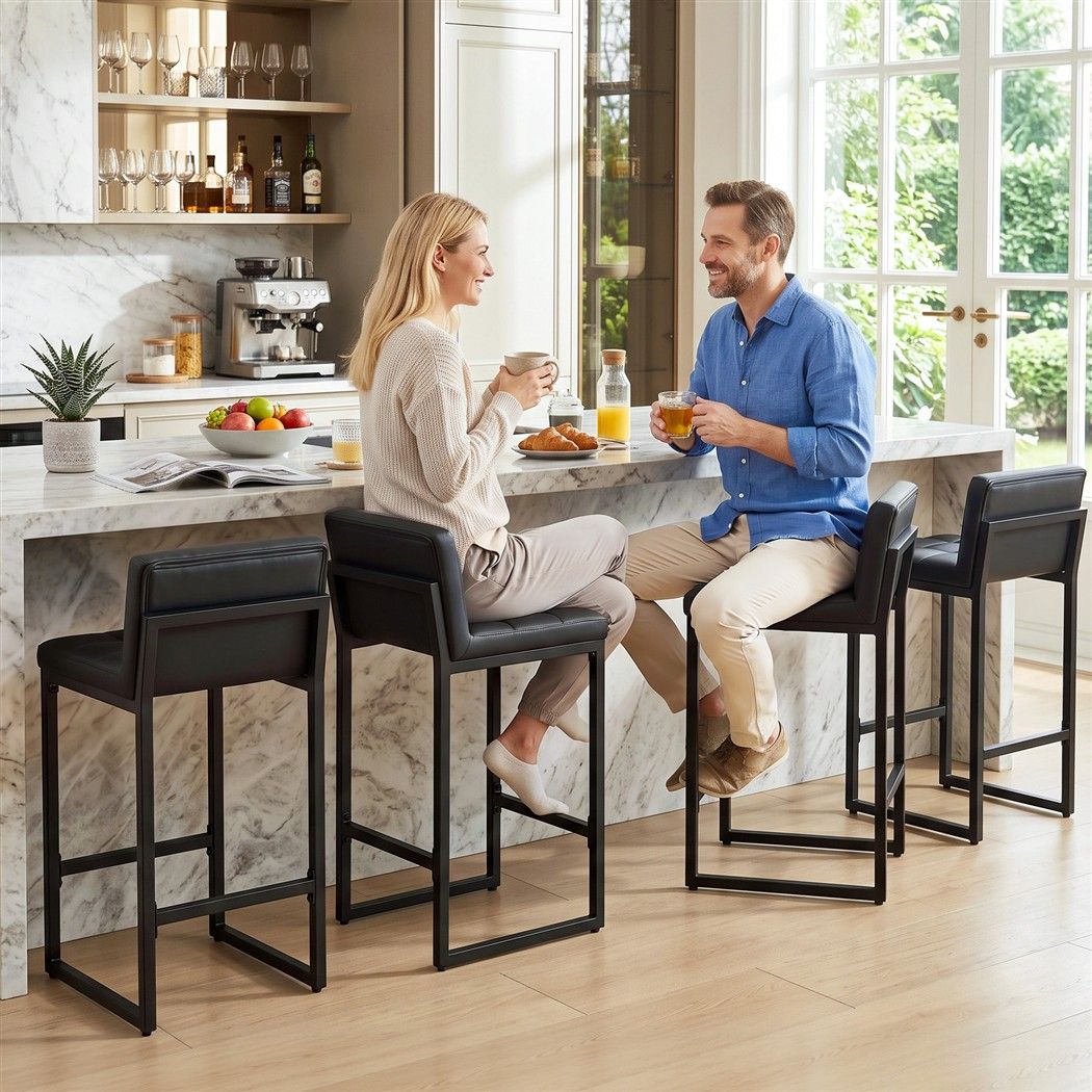 Set of 4 PU Leather Counter Bar Stools 65cm Seat Height with Low Back - Black