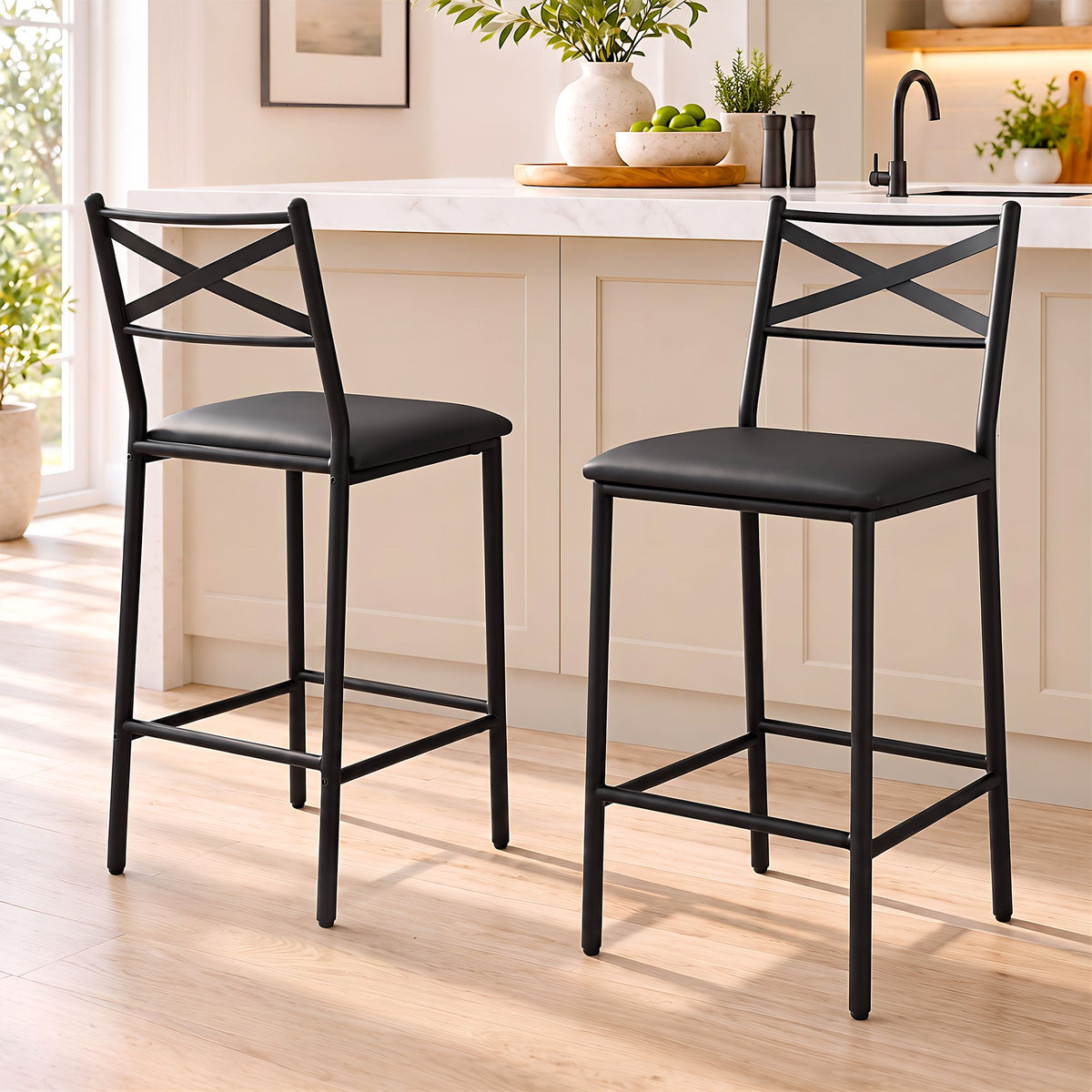 Set of 2 Counter Height Bar Stools 66cm with Backrest and PU Cushioned Seat - Black