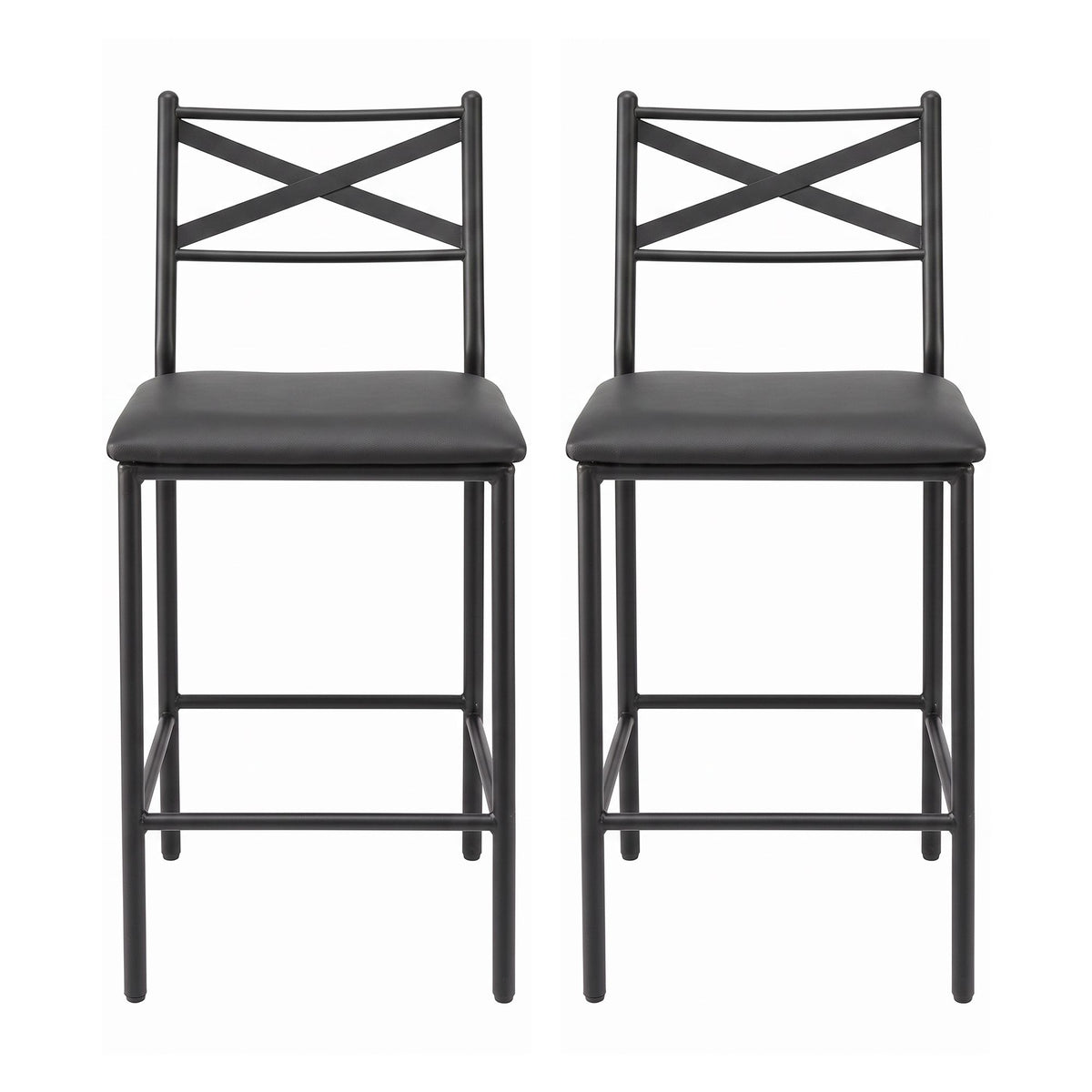 Set of 2 Counter Height Bar Stools 66cm with Backrest and PU Cushioned Seat - Black