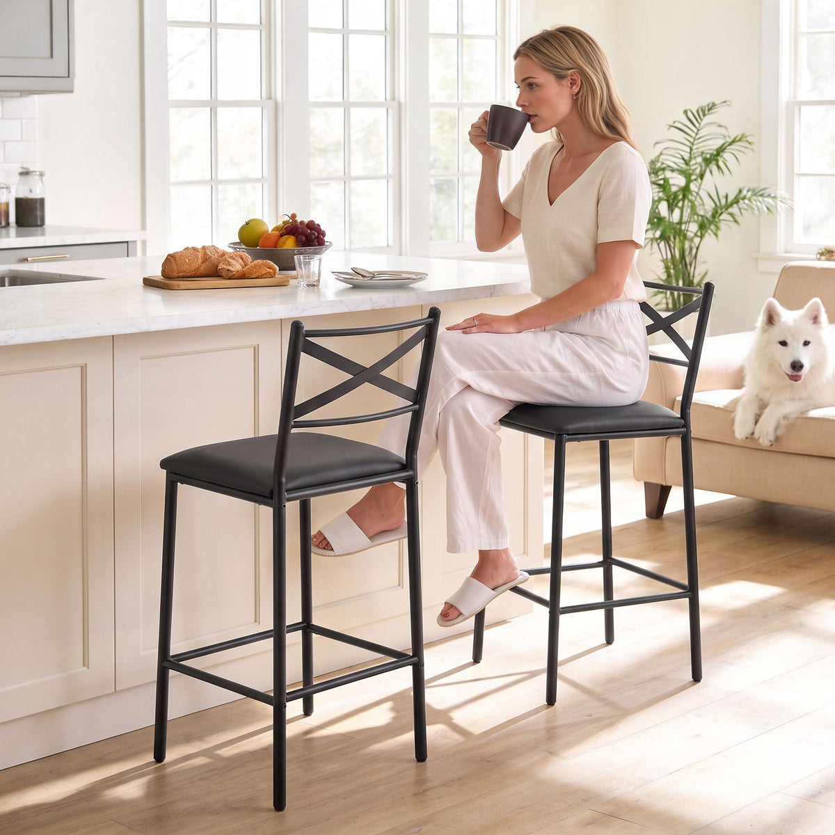 Set of 2 Counter Height Bar Stools 66cm with Backrest and PU Cushioned Seat - Black