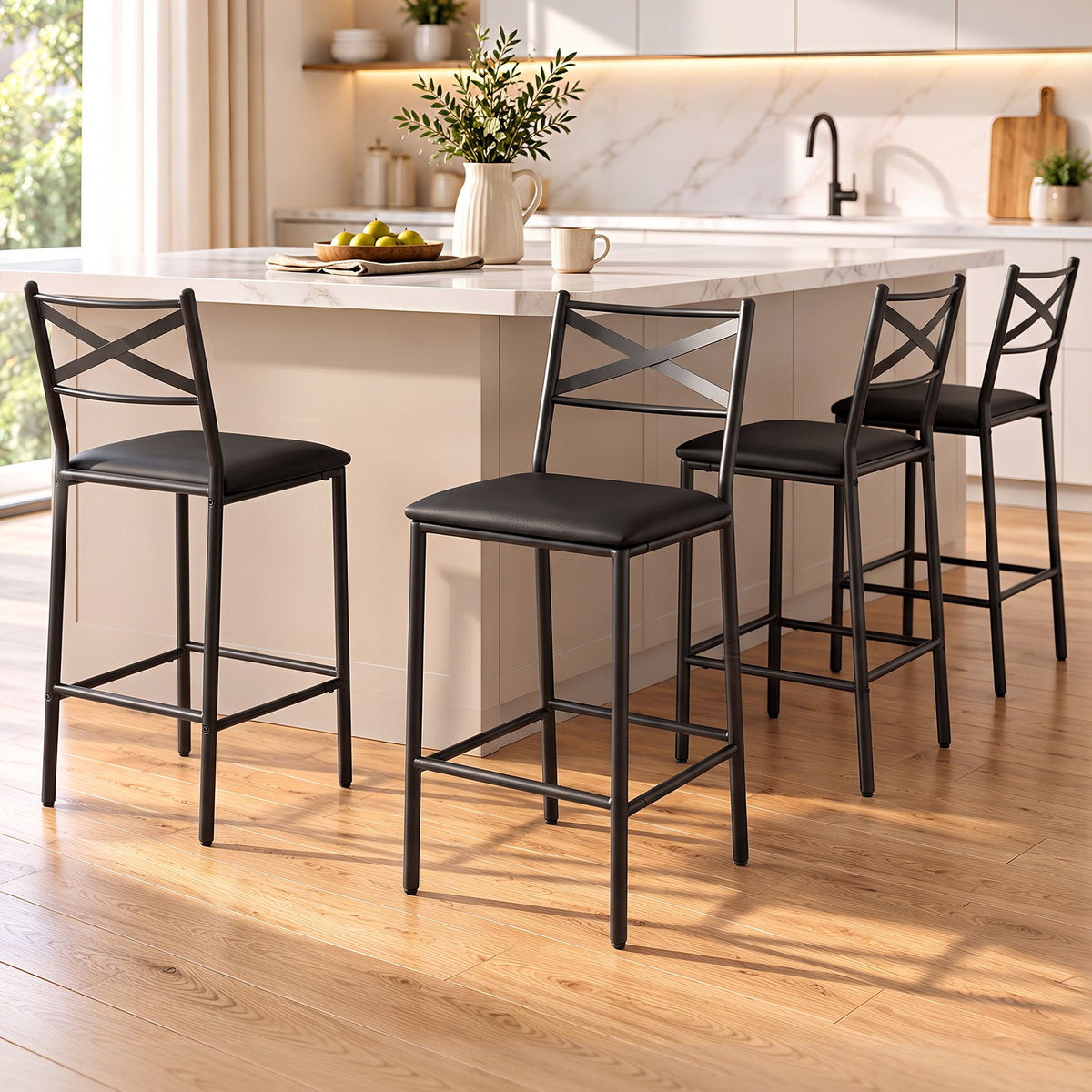 Set of 4 Counter Bar Stools 66cm with Backrest and PU Cushioned Seat - Black