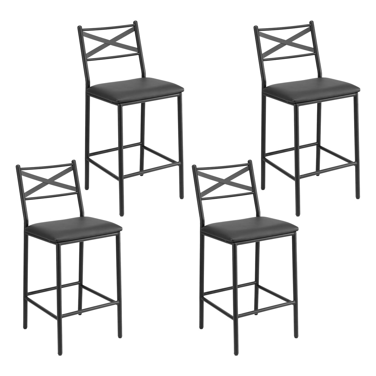 Set of 4 Counter Bar Stools 66cm with Backrest and PU Cushioned Seat - Black