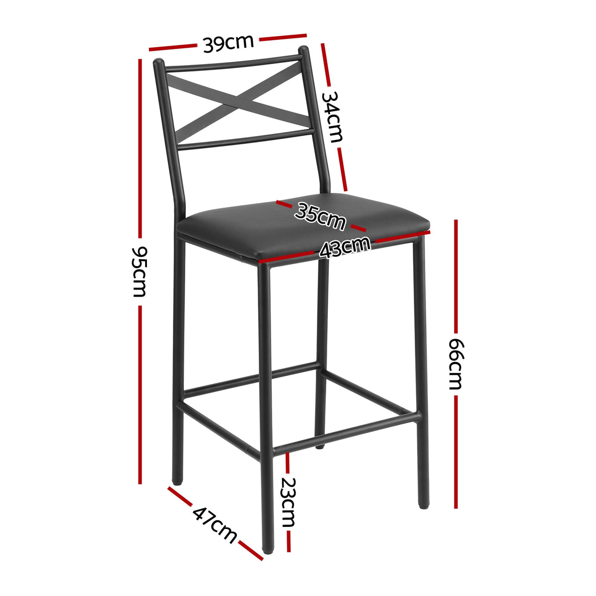 Set of 4 Counter Bar Stools 66cm with Backrest and PU Cushioned Seat - Black