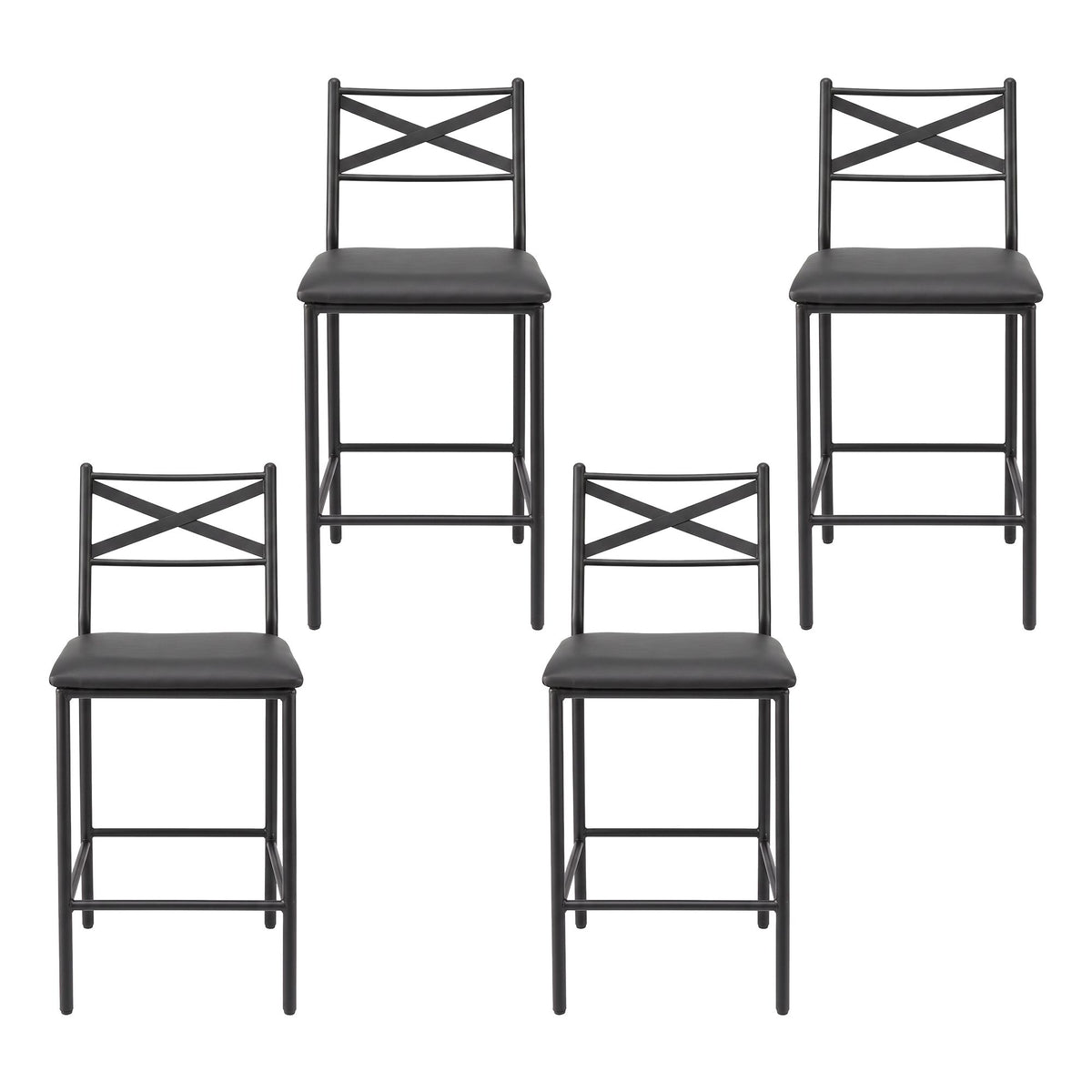 Set of 4 Counter Bar Stools 66cm with Backrest and PU Cushioned Seat - Black
