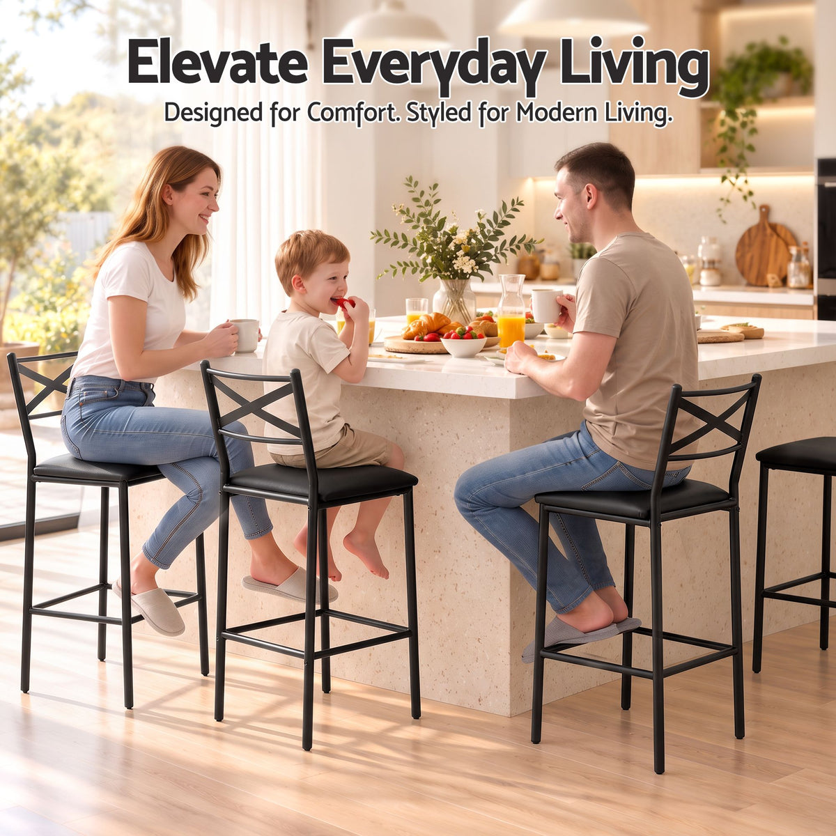 Set of 4 Counter Bar Stools 66cm with Backrest and PU Cushioned Seat - Black