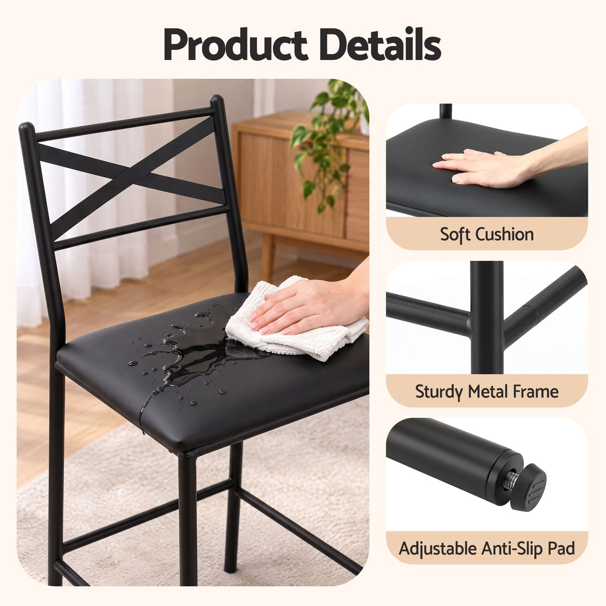 Set of 4 Counter Bar Stools 66cm with Backrest and PU Cushioned Seat - Black
