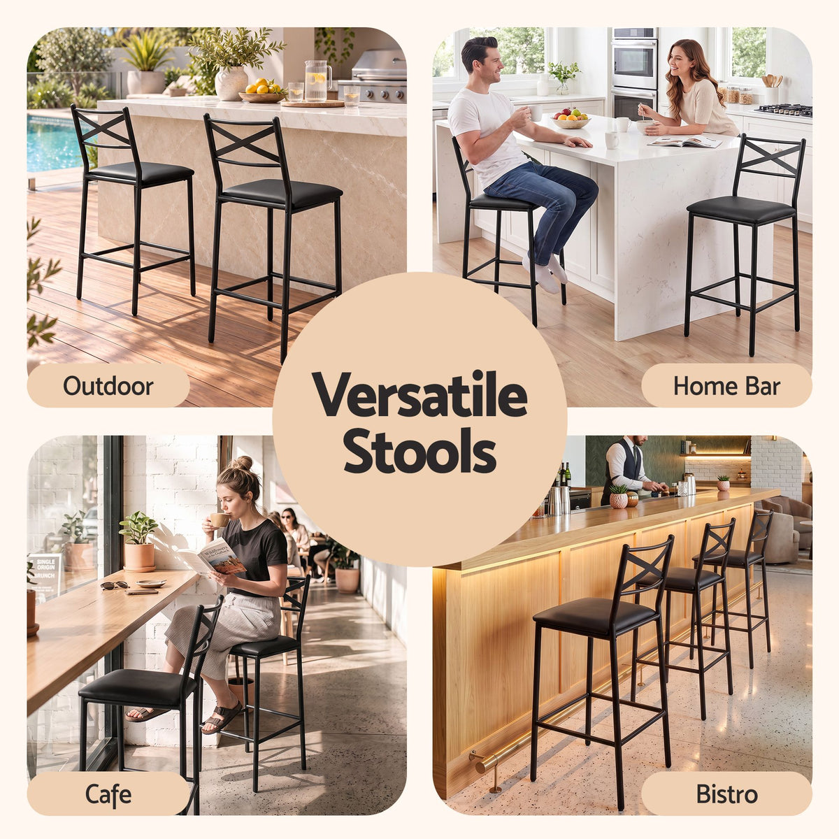 Set of 4 Counter Bar Stools 66cm with Backrest and PU Cushioned Seat - Black