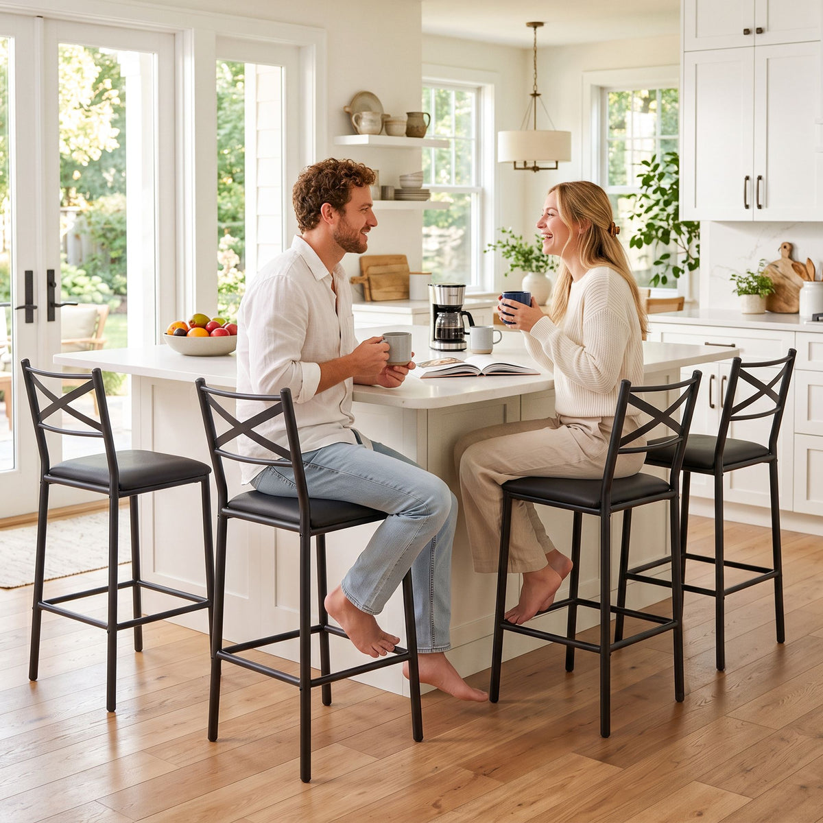 Set of 4 Counter Bar Stools 66cm with Backrest and PU Cushioned Seat - Black
