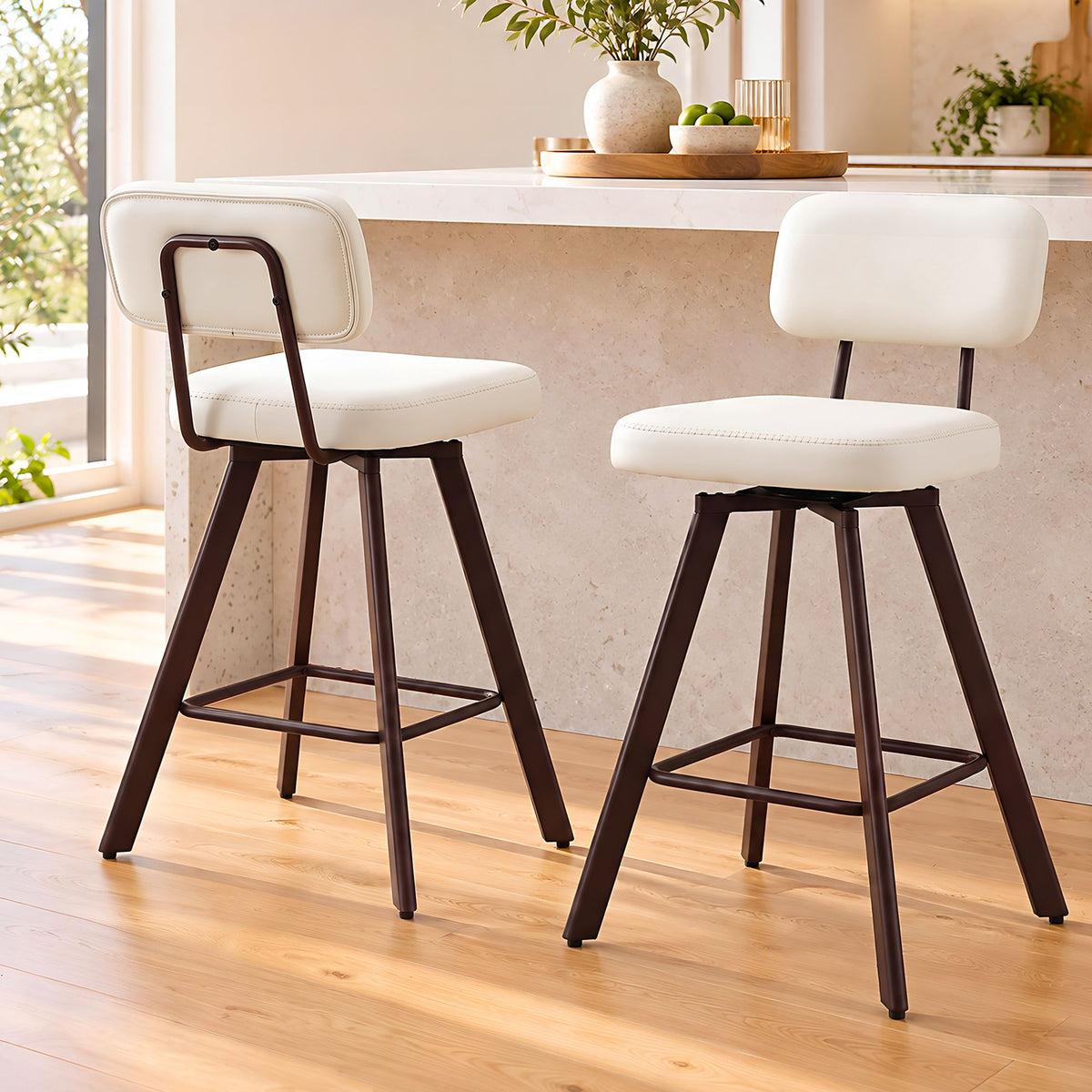 Set of 2 Swivel Counter Bar Stools 68cm with Padded Backrest - Beige