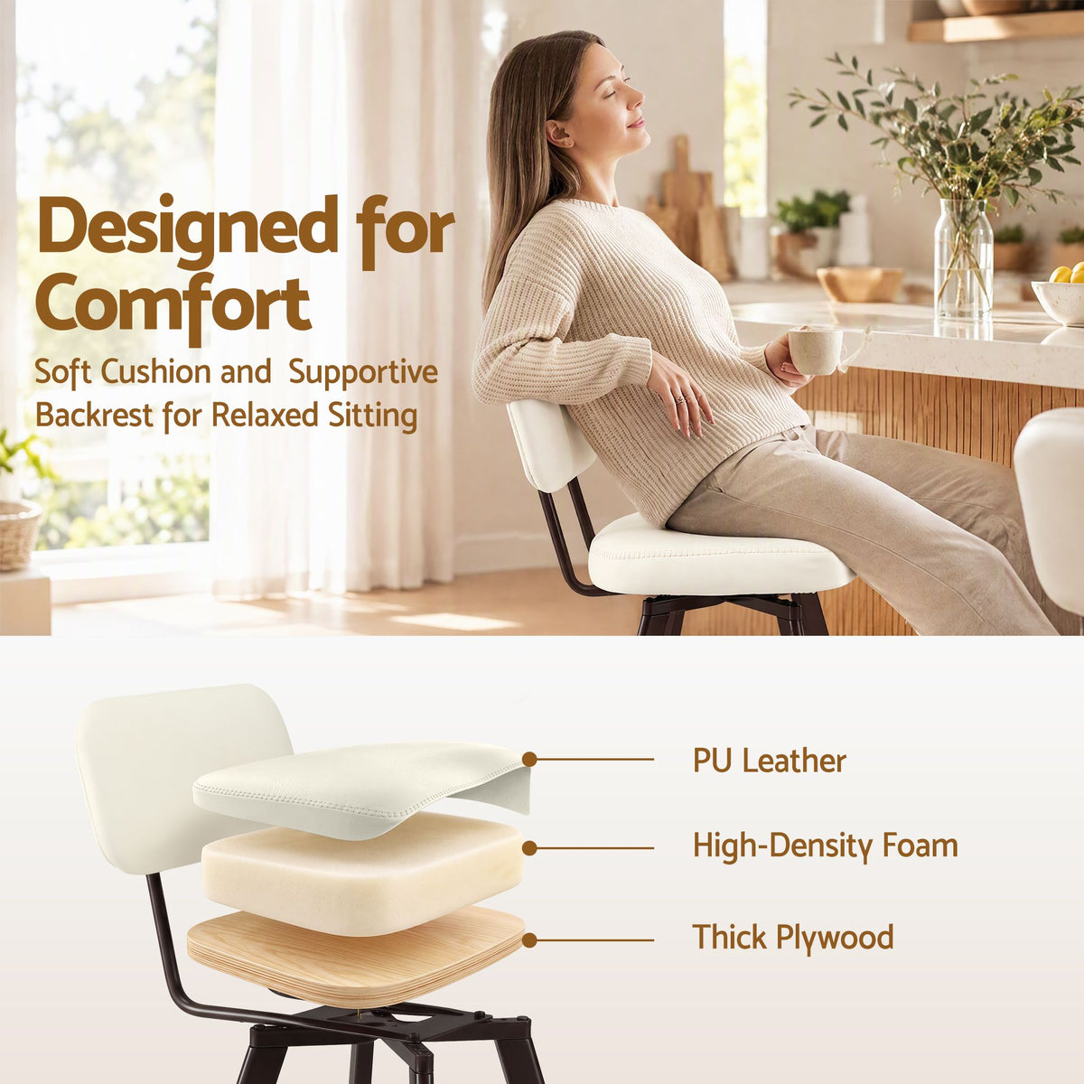 Set of 2 Swivel Counter Bar Stools 68cm with Padded Backrest - Beige