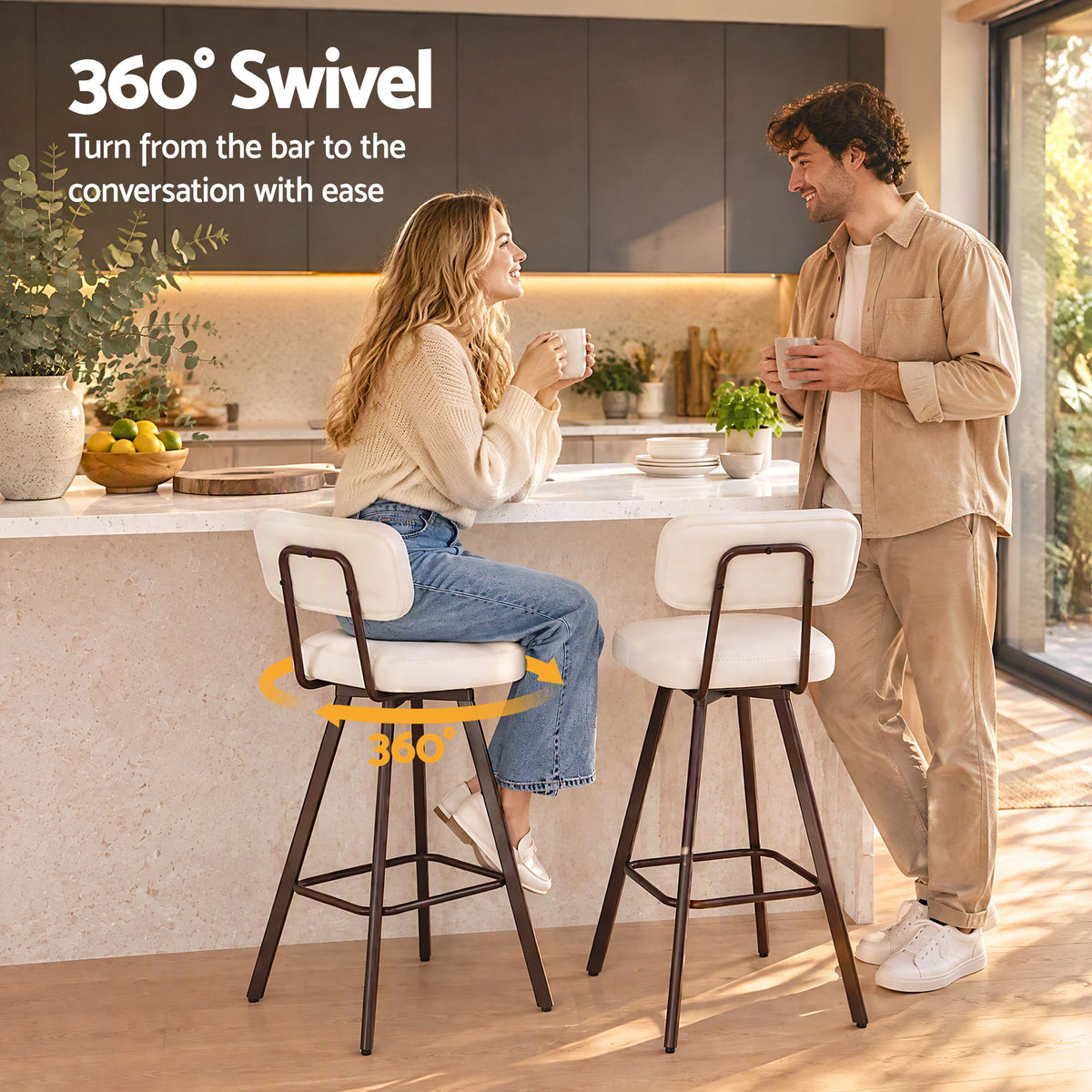 Set of 2 Swivel Counter Bar Stools 68cm with Padded Backrest - Beige