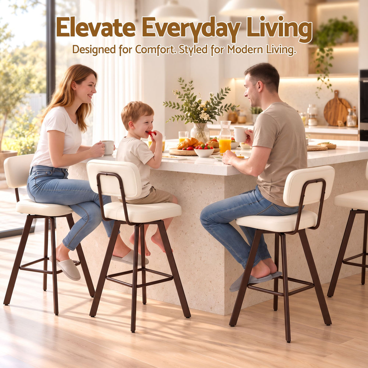 Set of 2 Swivel Counter Bar Stools 68cm with Padded Backrest - Beige