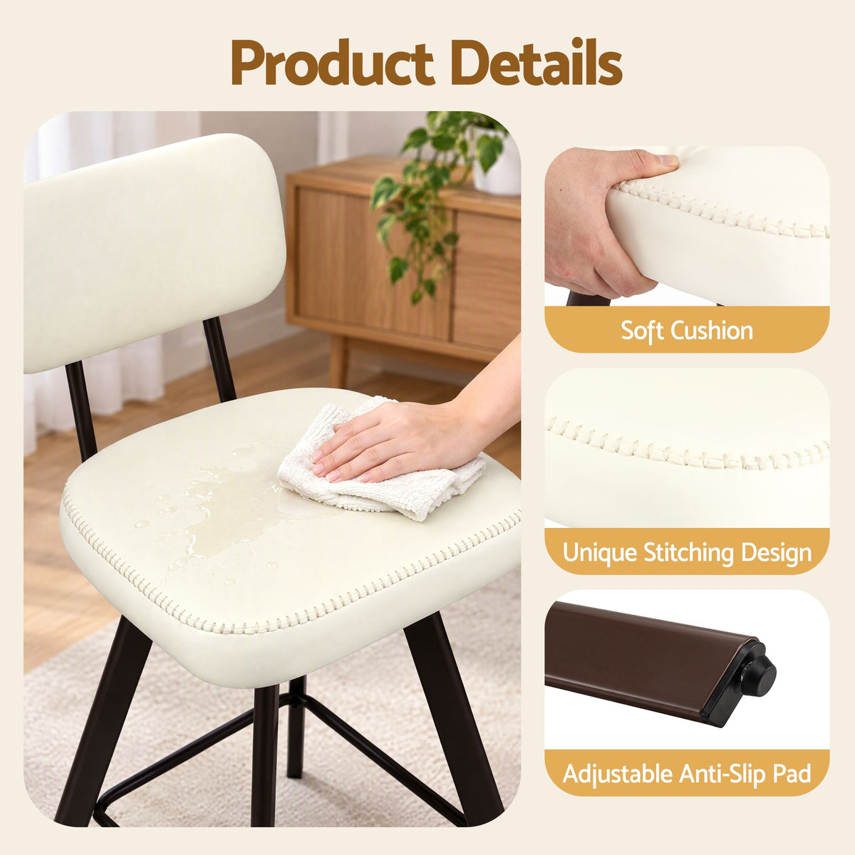 Set of 2 Swivel Counter Bar Stools 68cm with Padded Backrest - Beige