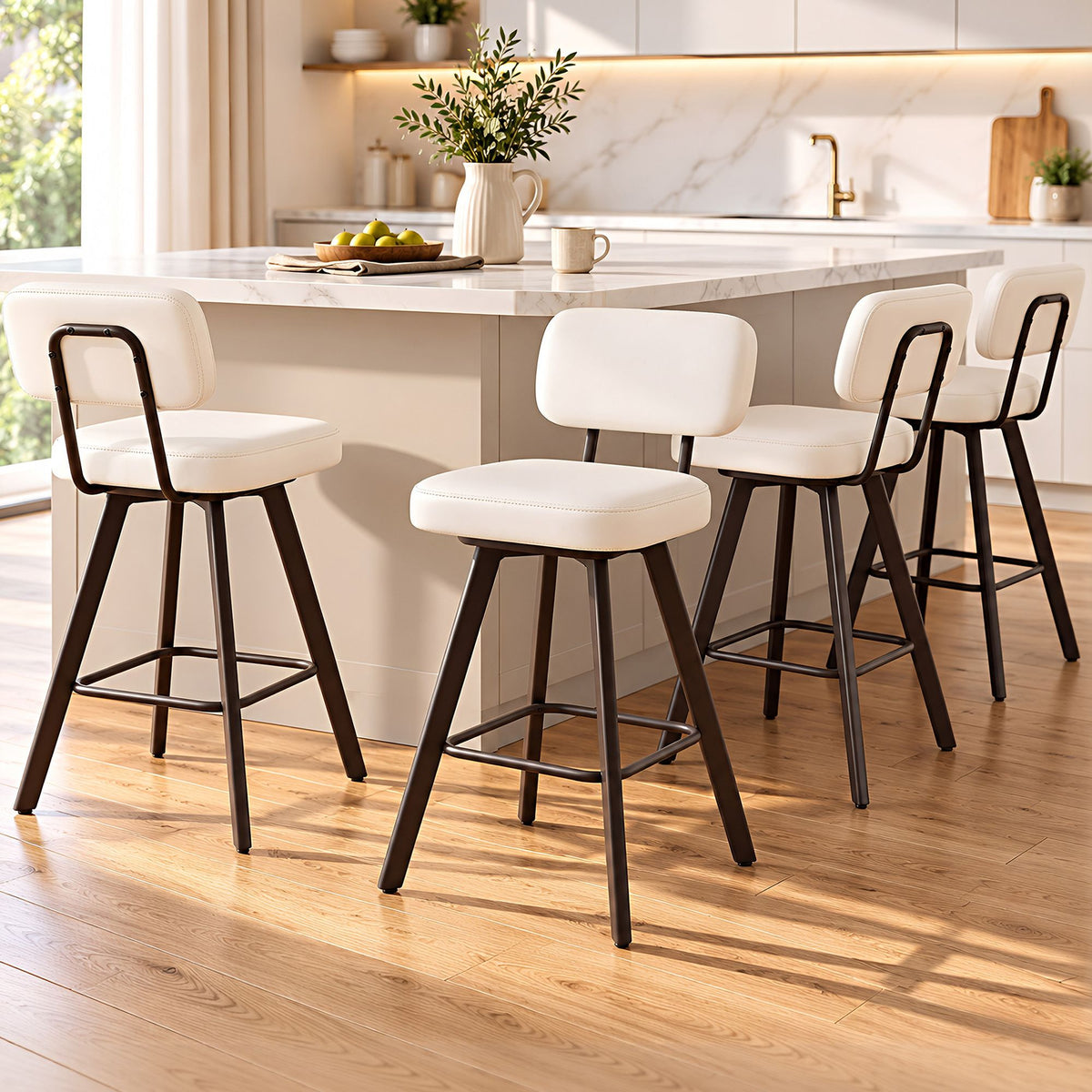 Set of 4 Swivel Counter Bar Stools 68cm with Padded Backrest - Beige