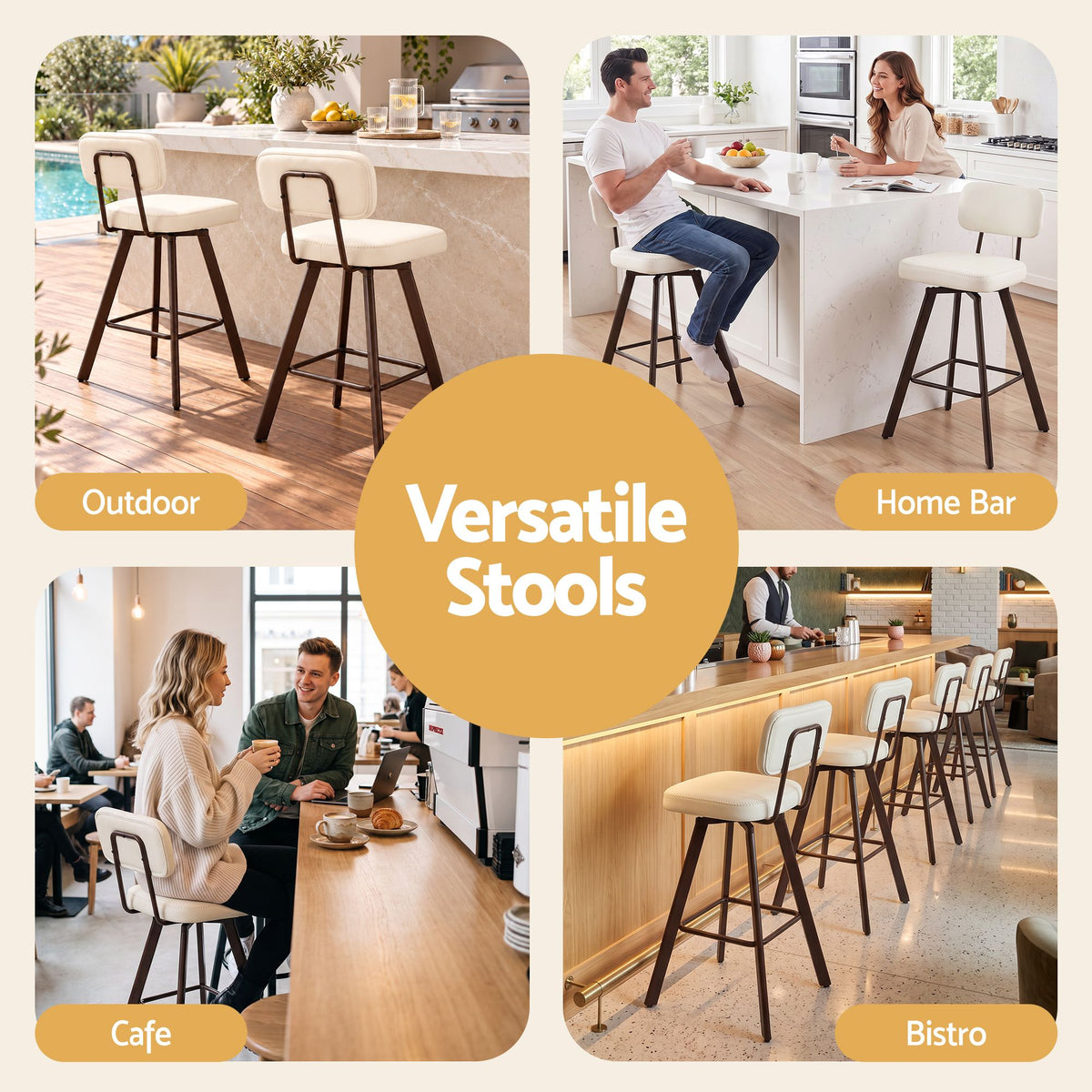 Set of 4 Swivel Counter Bar Stools 68cm with Padded Backrest - Beige