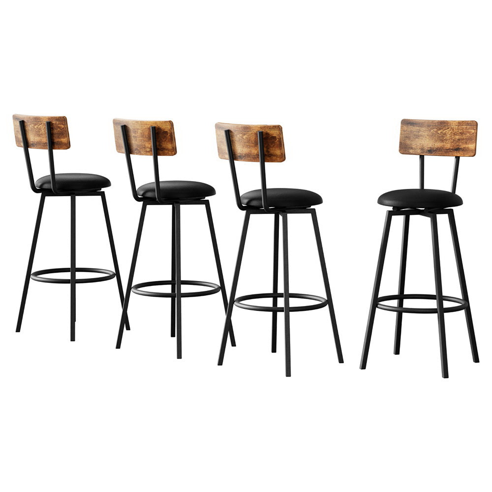Set of 4 Ronan Industrial Leather Bar Stools - Black