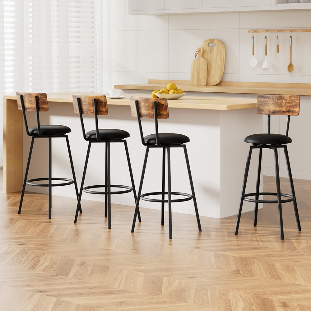 Set of 4 Ronan Industrial Leather Bar Stools - Black