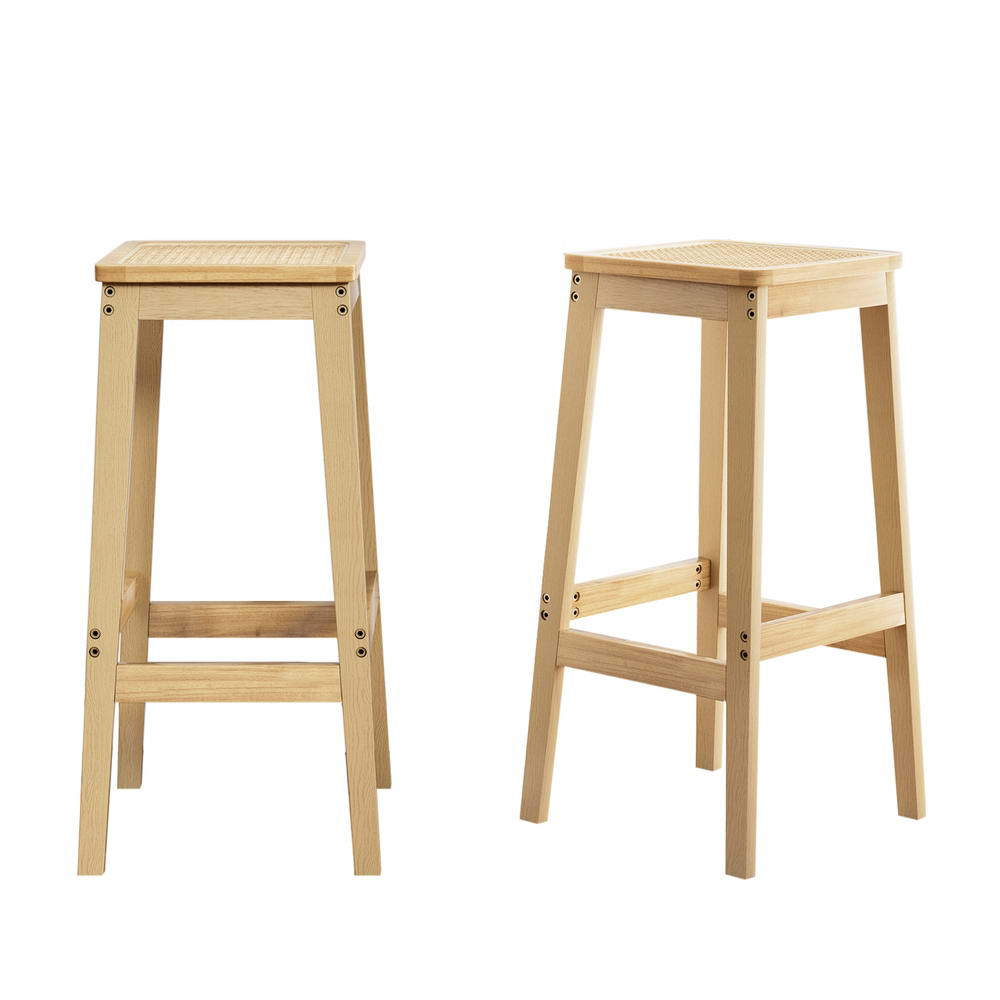 Set of 2 Rattan Seat Rubber Wood Bar Stools