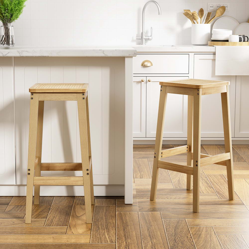 Set of 2 Rattan Seat Rubber Wood Bar Stools