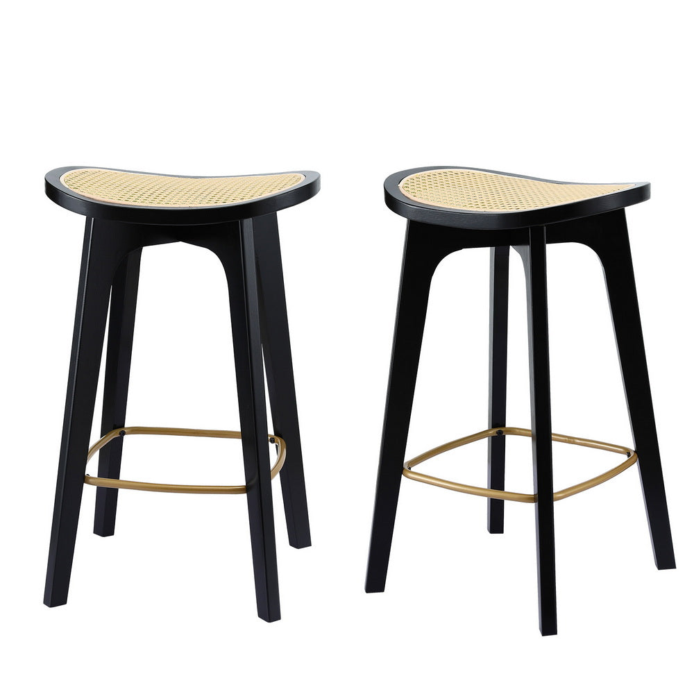 Set of 2 Rattan Seat Bamboo Bar Stools - Black