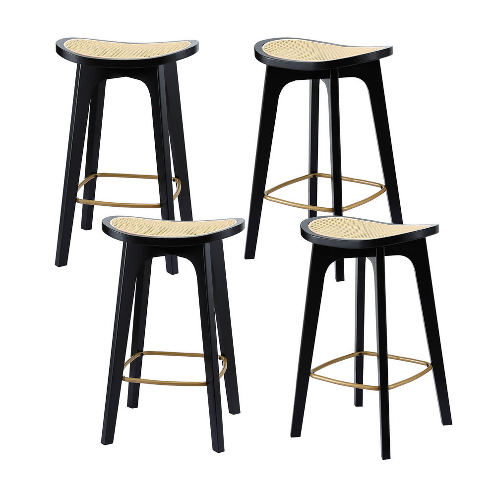 Set of 4 Rattan Seat Bamboo Bar Stools - Black