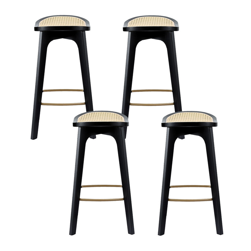 Set of 4 Rattan Seat Bamboo Bar Stools - Black