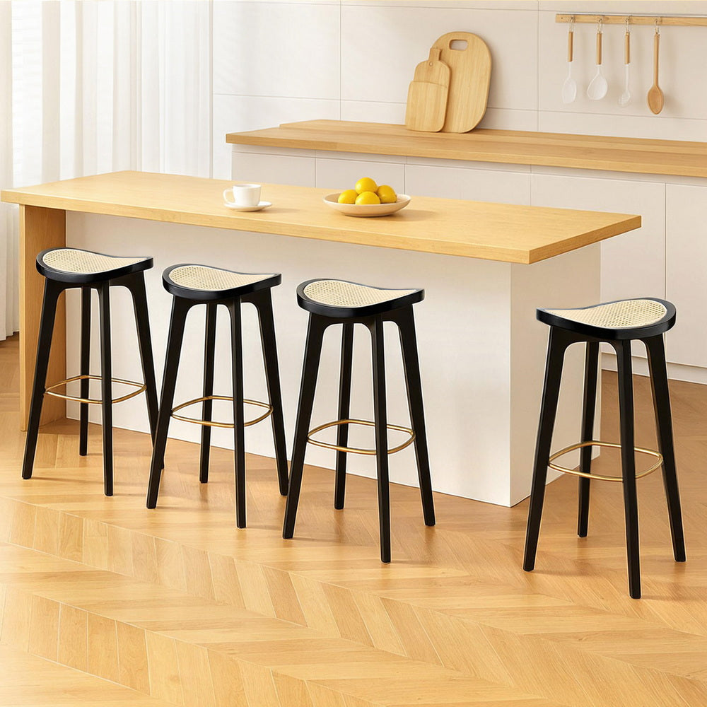 Set of 4 Rattan Seat Bamboo Bar Stools - Black