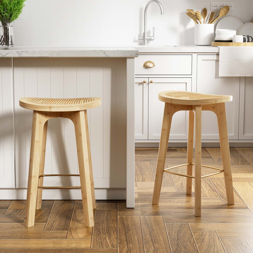 Set of 2 Rattan Seat Bamboo Bar Stools