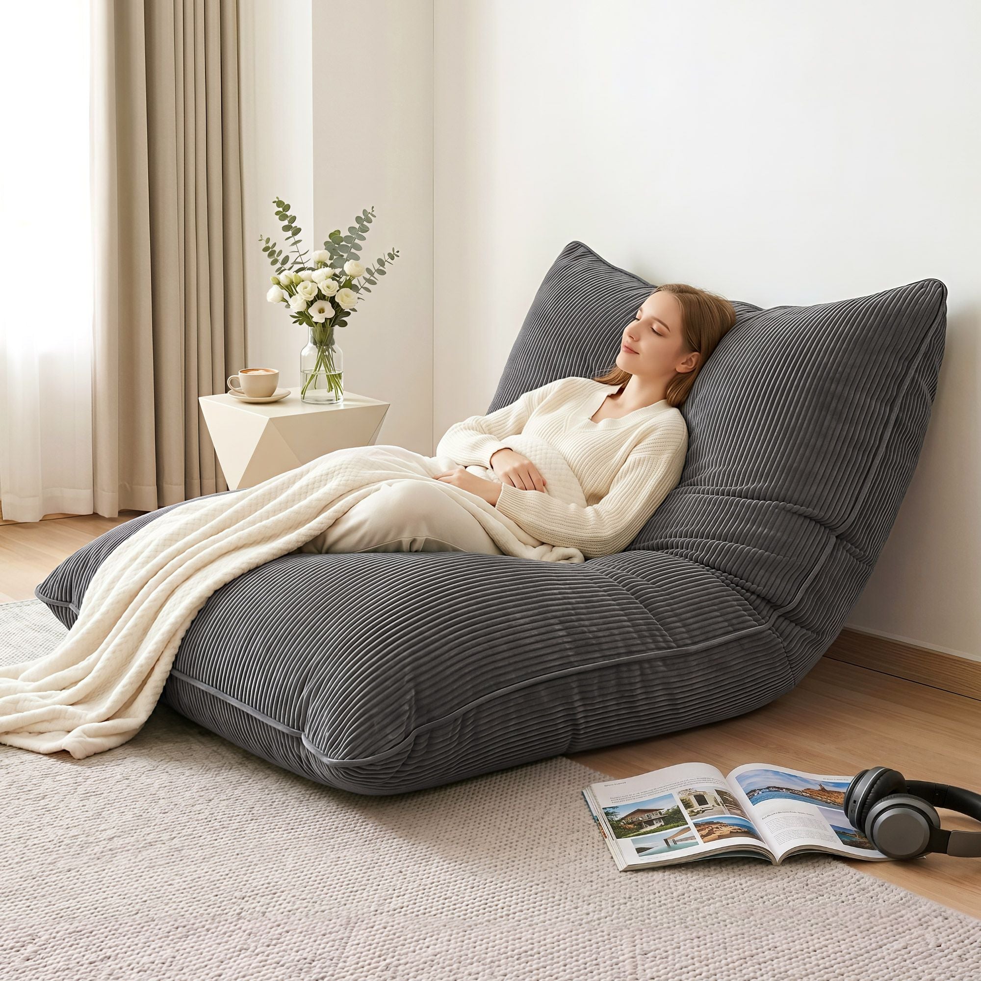 3 in 1 Bean Bag Chair with Filler Convertible Bean Bag for Adults, Corduroy DIY Stuffed Bean Bag Sofa Washable for Living Room Bedroom, Grey