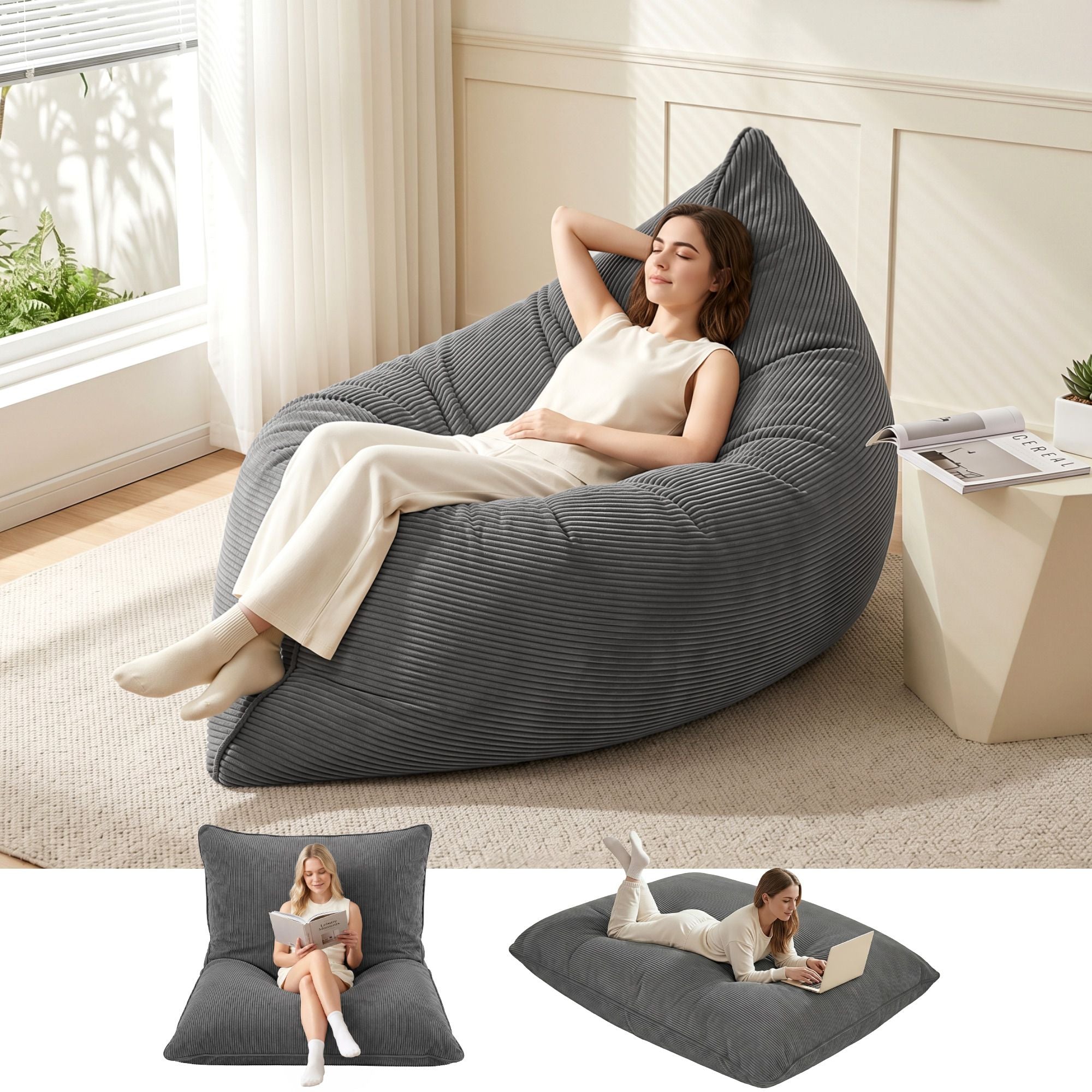 3 in 1 Bean Bag Chair with Filler Convertible Bean Bag for Adults, Corduroy DIY Stuffed Bean Bag Sofa Washable for Living Room Bedroom, Grey