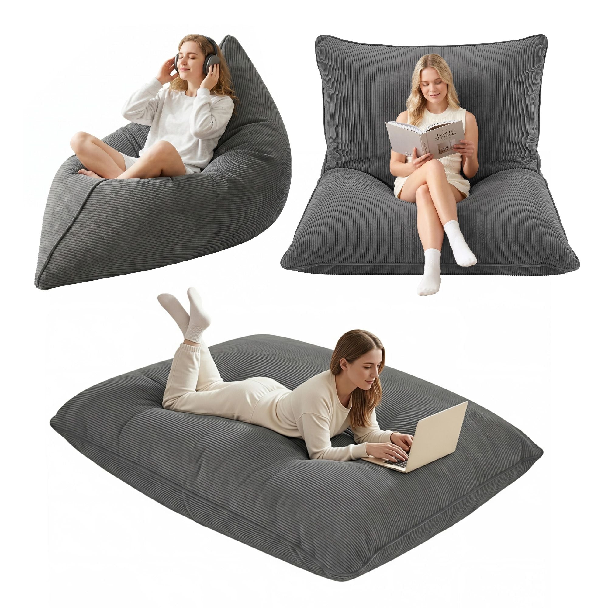 3 in 1 Bean Bag Chair Cover (No Filler) Convertible Bean Bag for Adults, Corduroy Stuffed Animal Storage Bean Bag Cover Washable for Living Room Bedroom, Grey