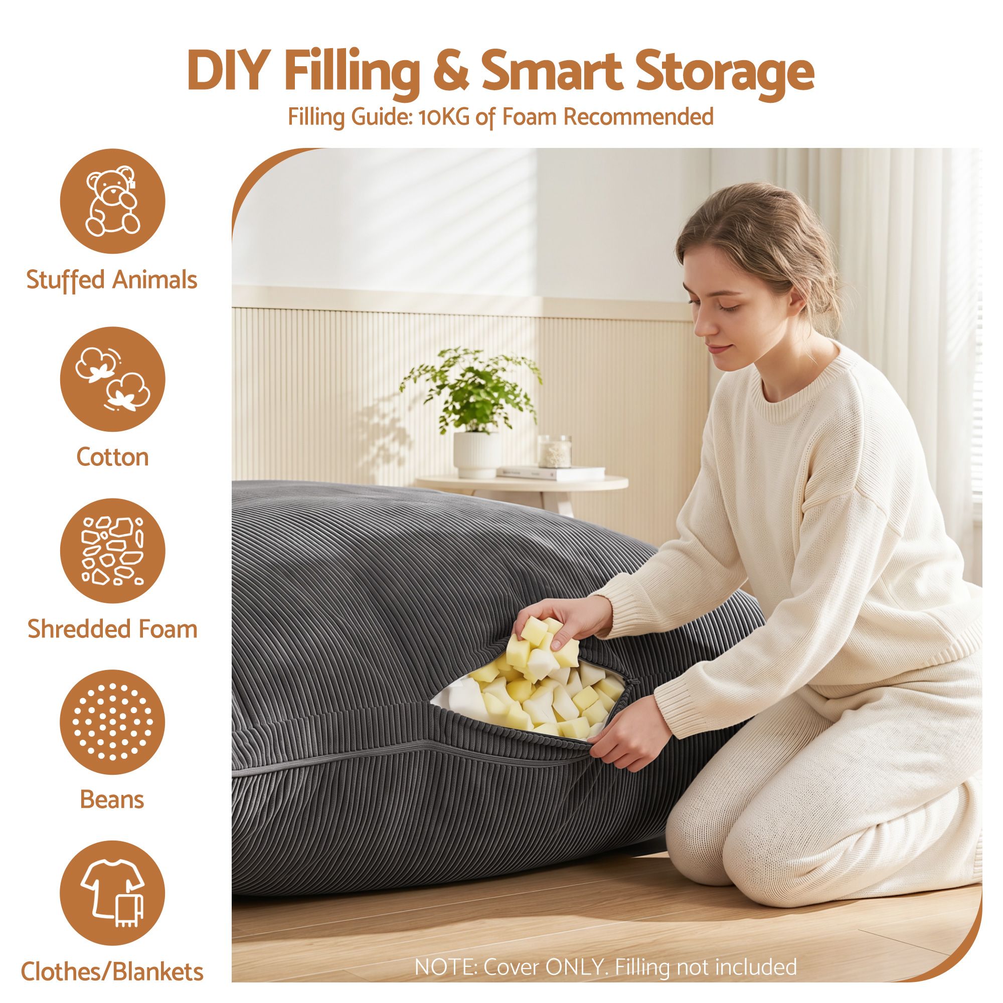 3 in 1 Bean Bag Chair Cover (No Filler) Convertible Bean Bag for Adults, Corduroy Stuffed Animal Storage Bean Bag Cover Washable for Living Room Bedroom, Grey