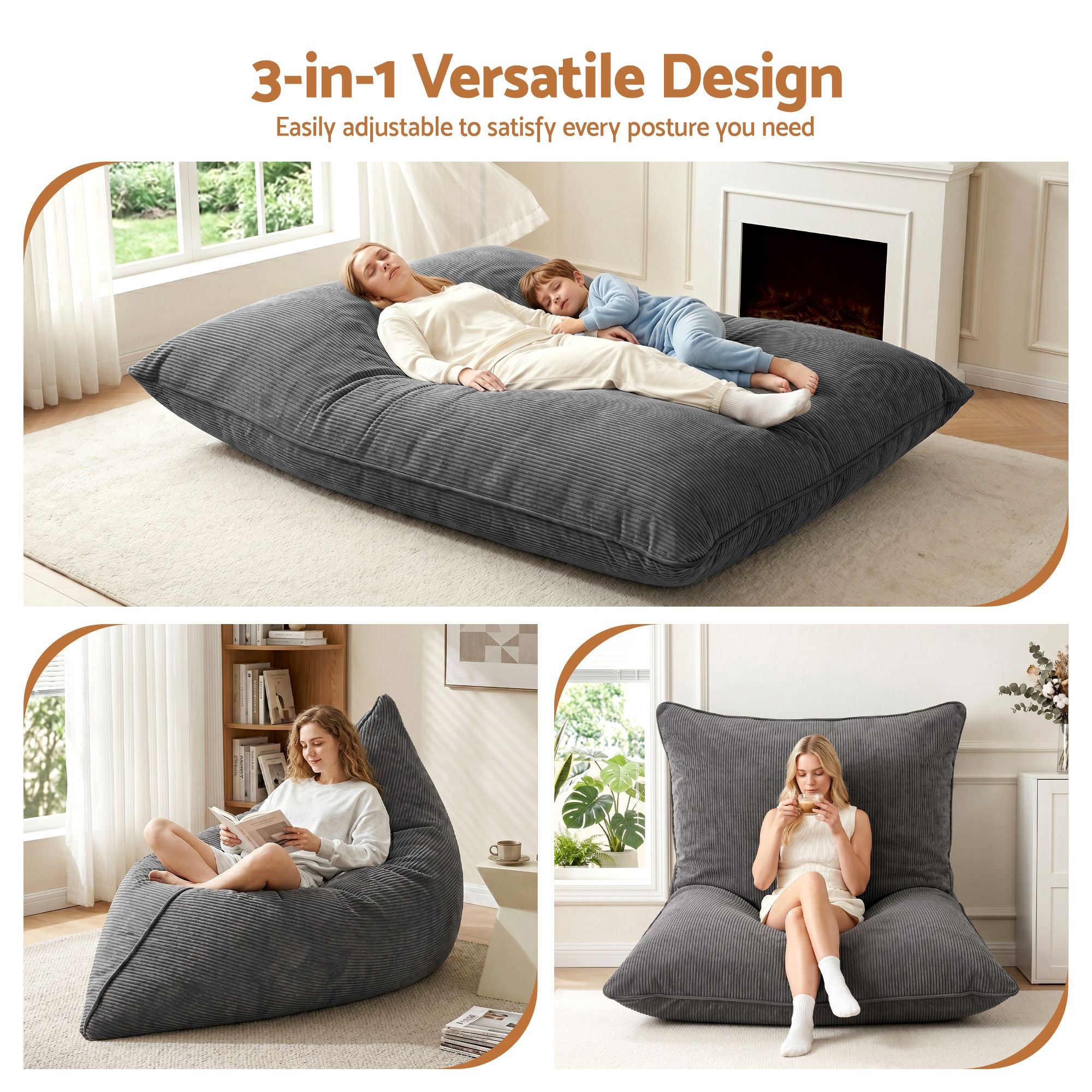 3 in 1 Bean Bag Chair Cover (No Filler) Convertible Bean Bag for Adults, Corduroy Stuffed Animal Storage Bean Bag Cover Washable for Living Room Bedroom, Grey