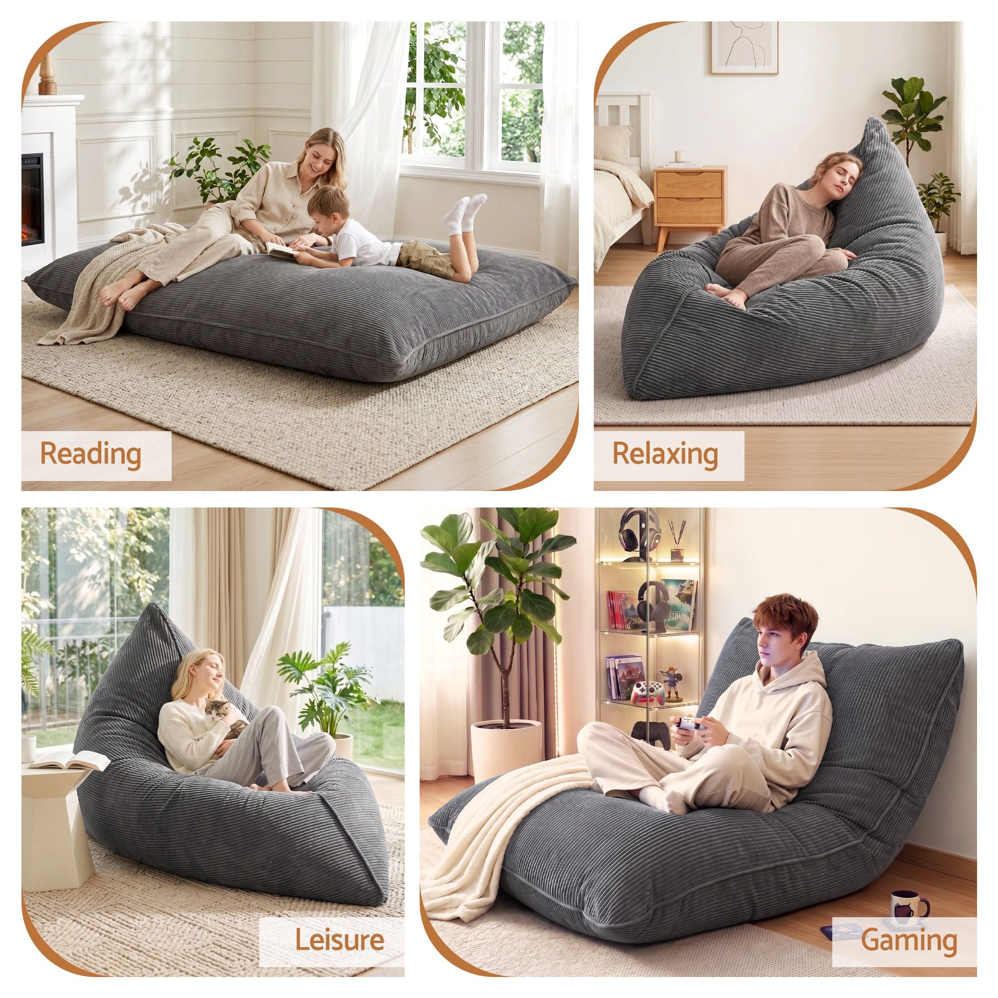 3 in 1 Bean Bag Chair Cover (No Filler) Convertible Bean Bag for Adults, Corduroy Stuffed Animal Storage Bean Bag Cover Washable for Living Room Bedroom, Grey