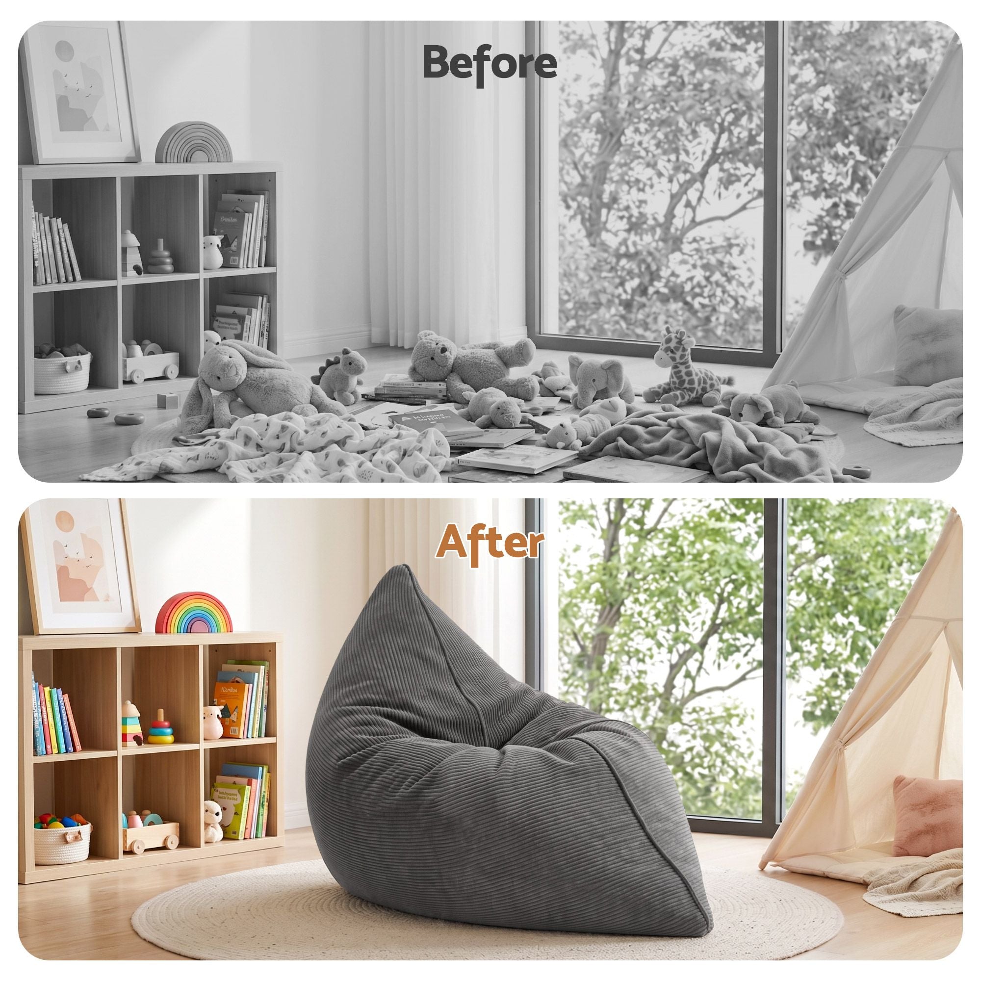 3 in 1 Bean Bag Chair Cover (No Filler) Convertible Bean Bag for Adults, Corduroy Stuffed Animal Storage Bean Bag Cover Washable for Living Room Bedroom, Grey