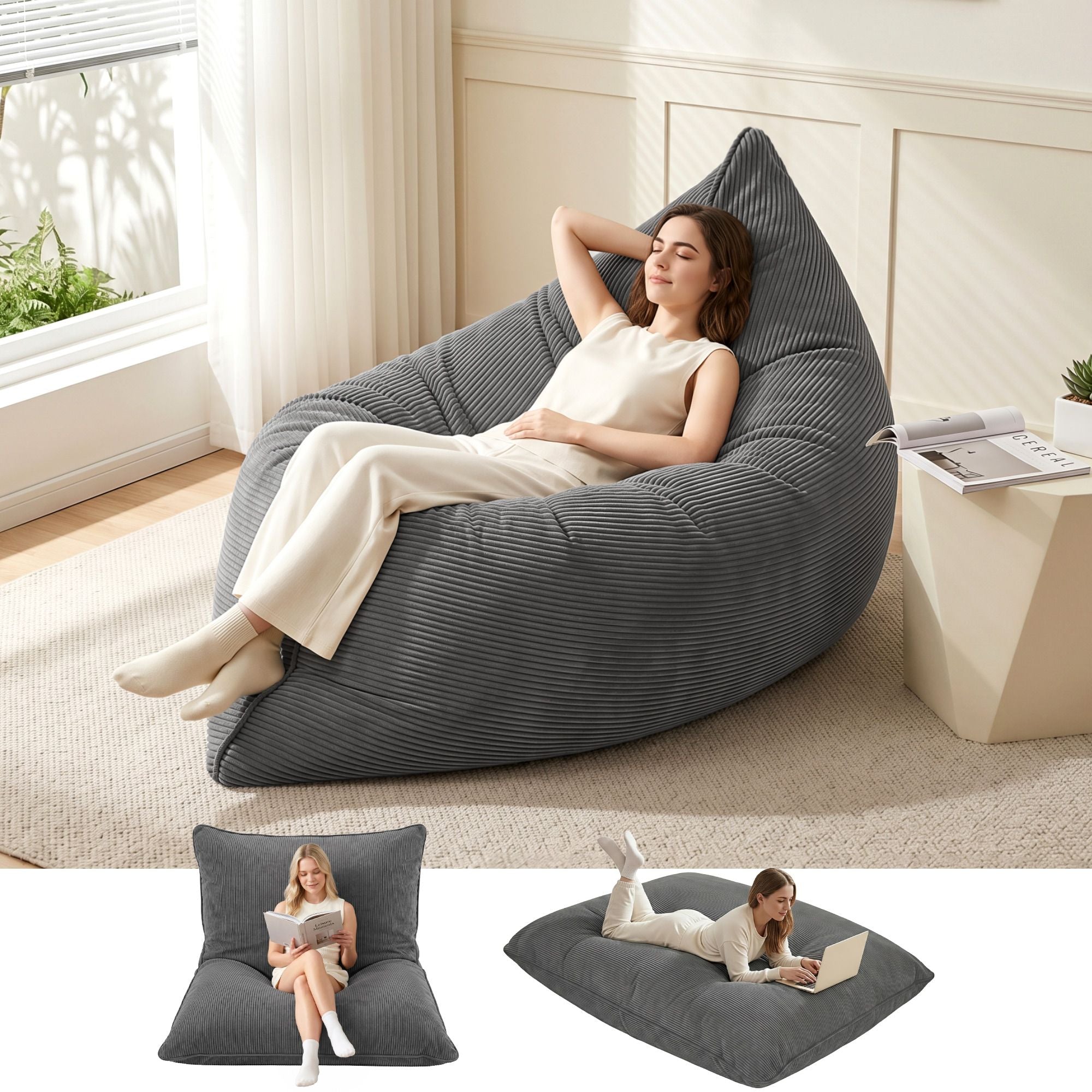 3 in 1 Bean Bag Chair Cover (No Filler) Convertible Bean Bag for Adults, Corduroy Stuffed Animal Storage Bean Bag Cover Washable for Living Room Bedroom, Grey