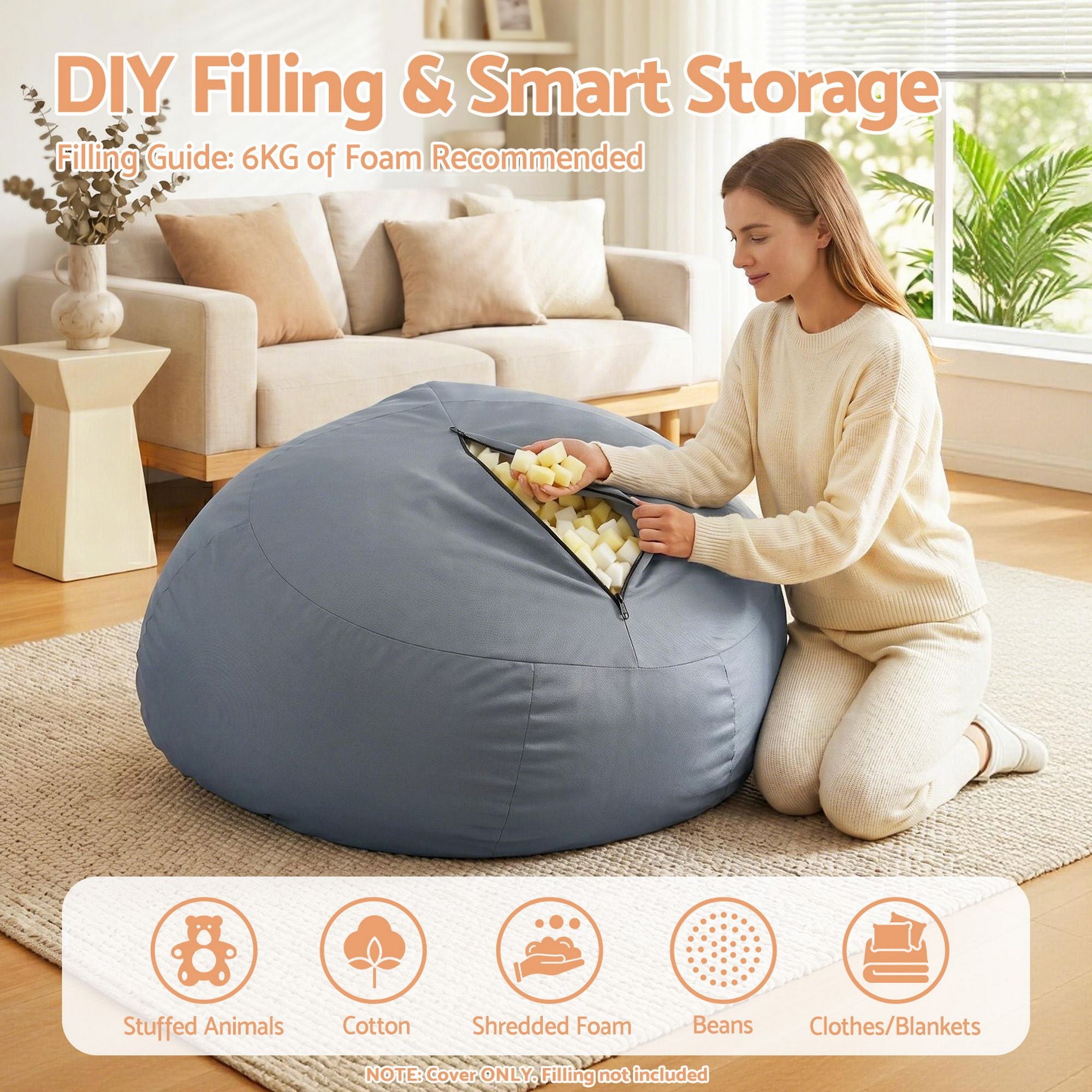 Outdoor Bean Bag Chair Cover (No Filler) Splash-Proof Beanbag Sofacover for Adults Teens Kids Stuffable Bean Bag Cover for Patio Poolside Relaxing, Grey